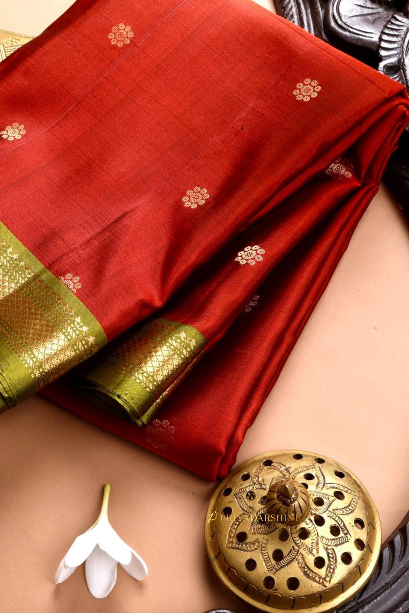 Maroon Soft Silk Saree with Gold Buttas & Olive Green Zari Border | Priyadharshini Silks