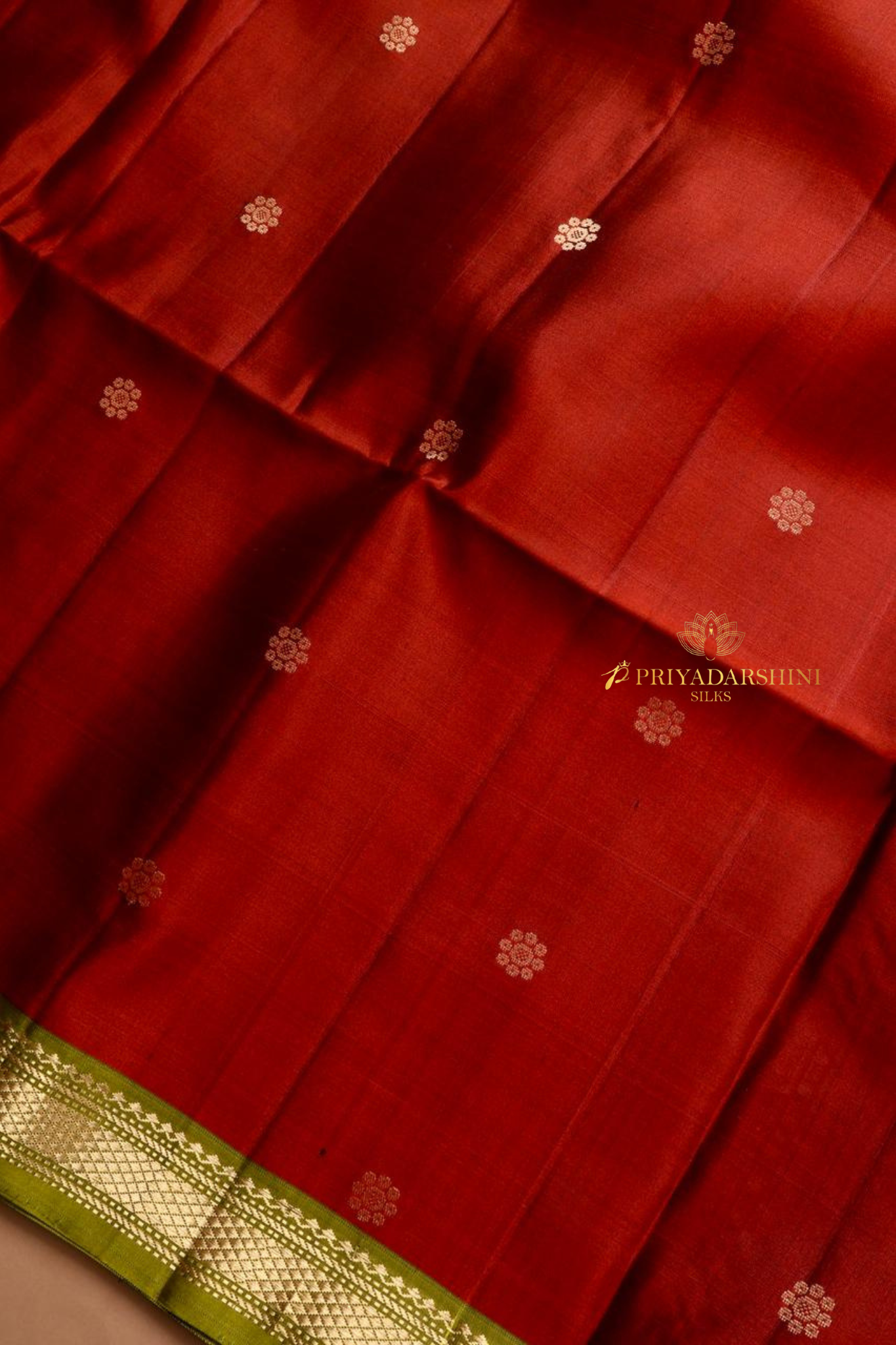 Maroon Soft Silk Saree with Gold Buttas & Olive Green Zari Border | Priyadharshini Silks