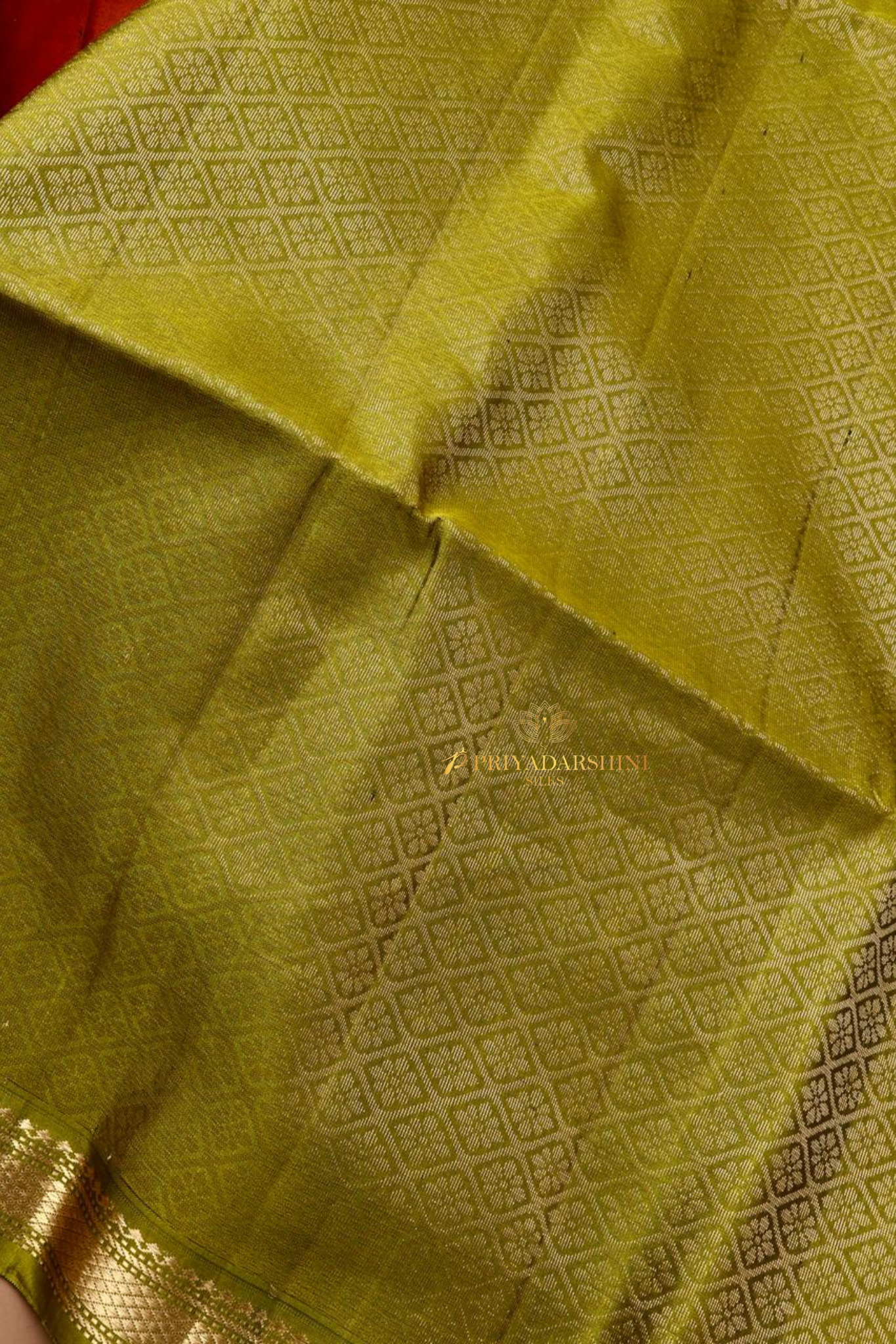 Maroon Soft Silk Saree with Gold Buttas & Olive Green Zari Border | Priyadharshini Silks