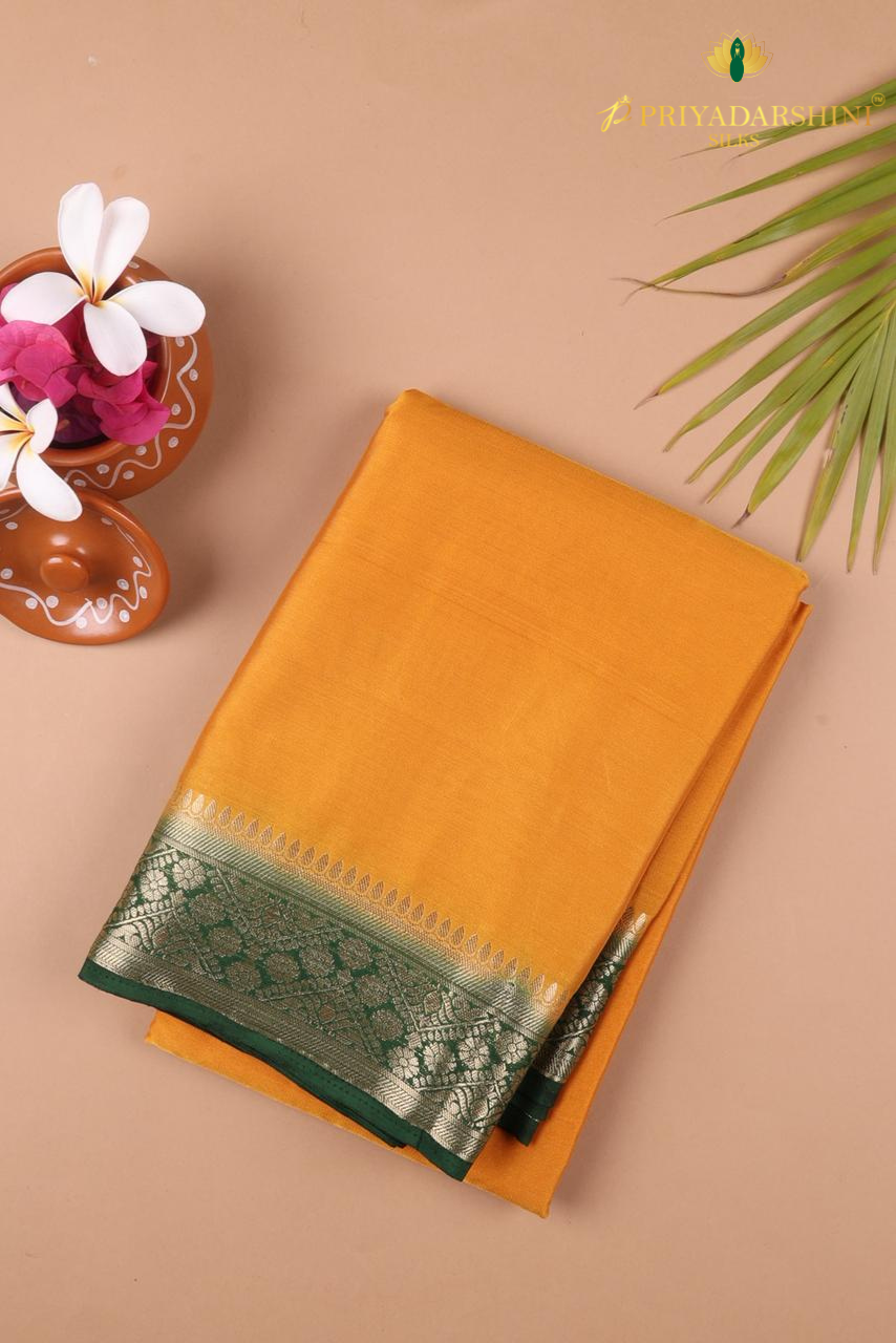 Mustard Yellow Mysore Silk Saree with Deep Green Border | Priyadharshini Silks