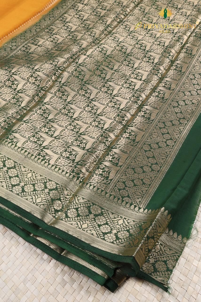 Mustard Yellow Mysore Silk Saree with Deep Green Border | Priyadharshini Silks