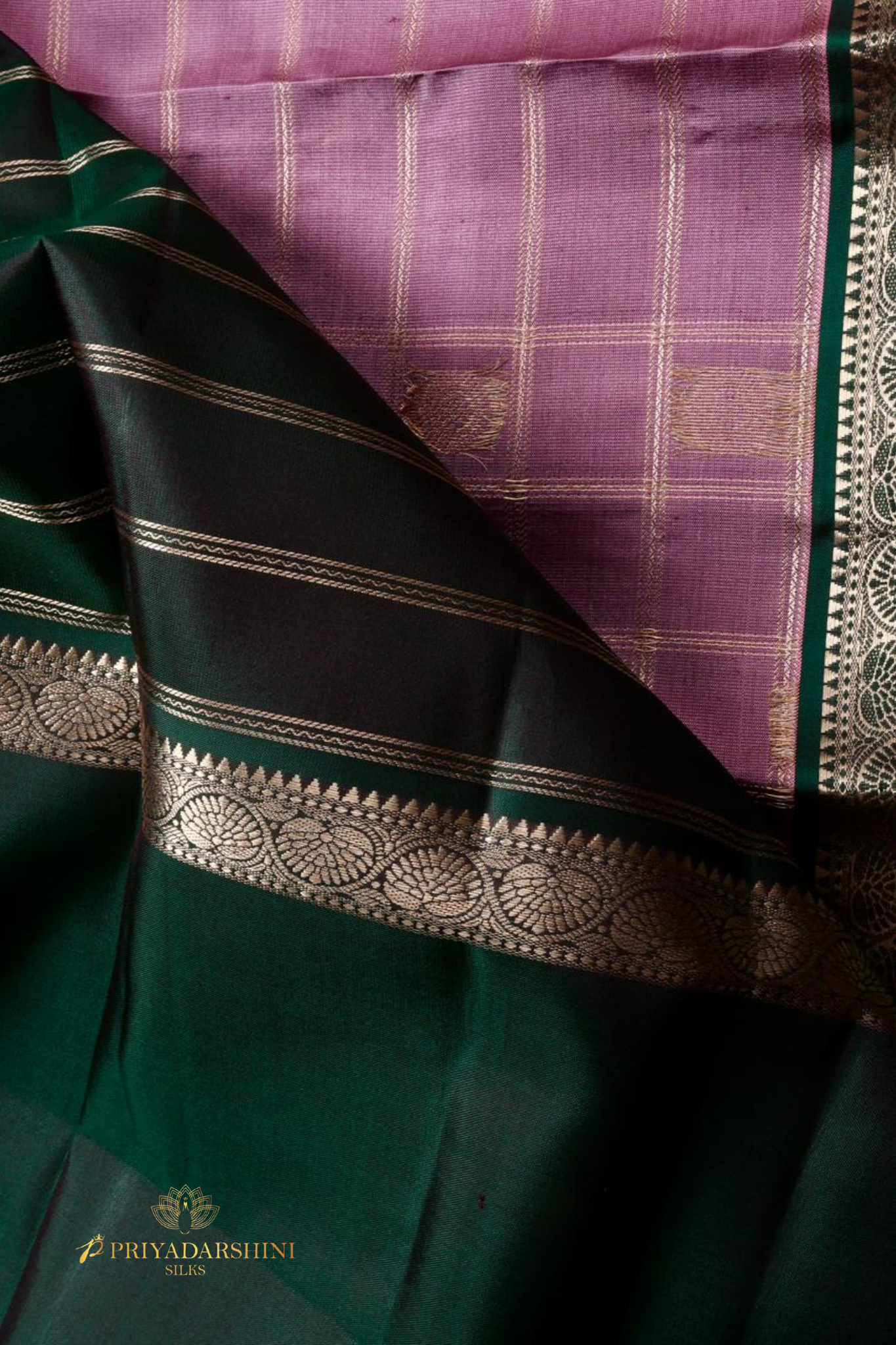 Onion Pink Checked Saree with Green Retapet Border | Priyadharshini Silks