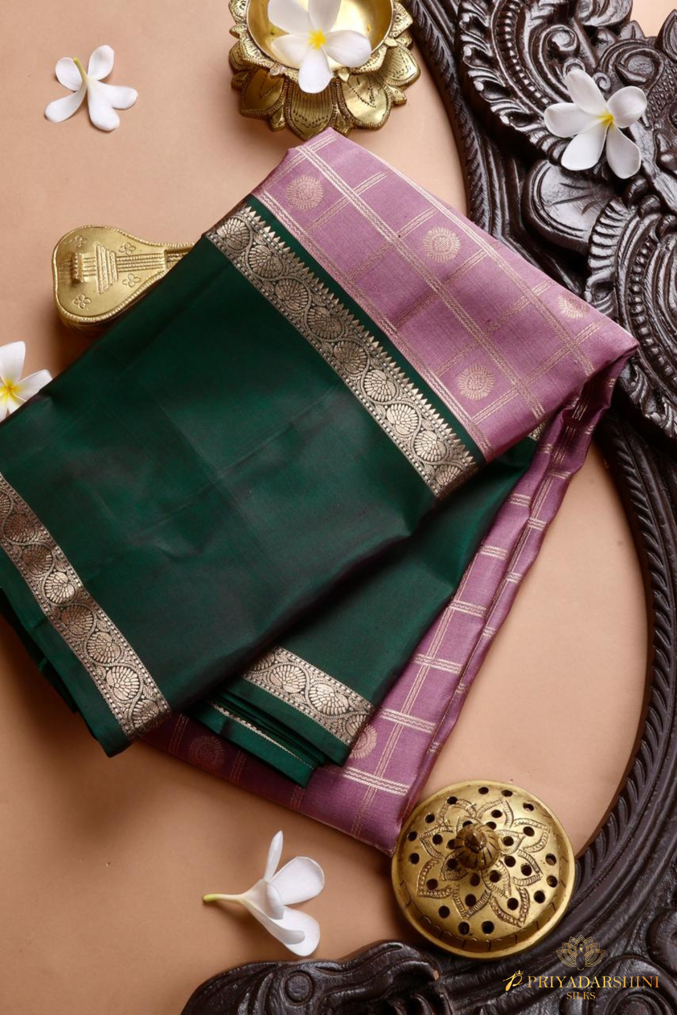 Onion Pink Checked Saree with Green Retapet Border | Priyadharshini Silks