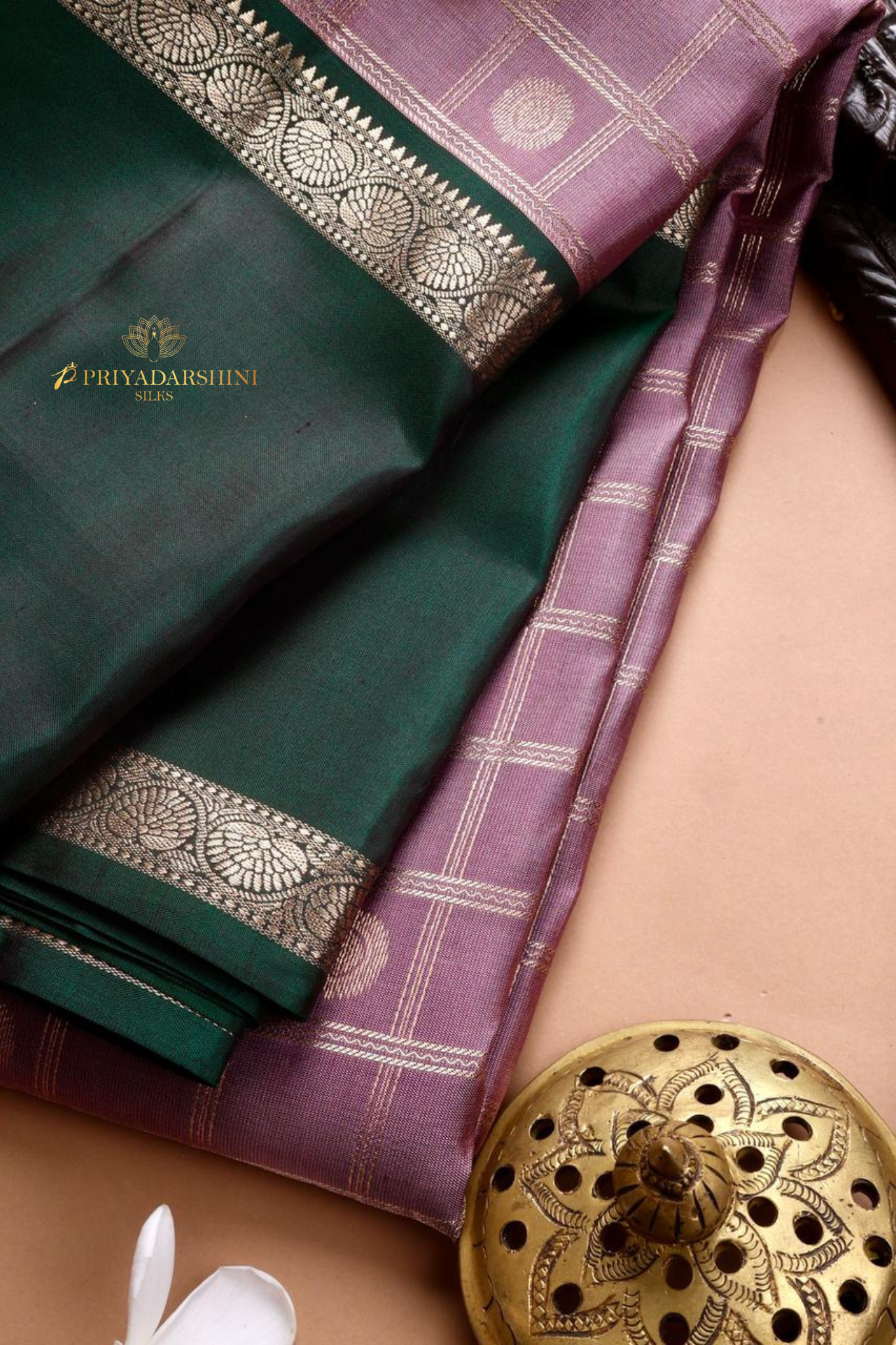 Onion Pink Checked Saree with Green Retapet Border | Priyadharshini Silks
