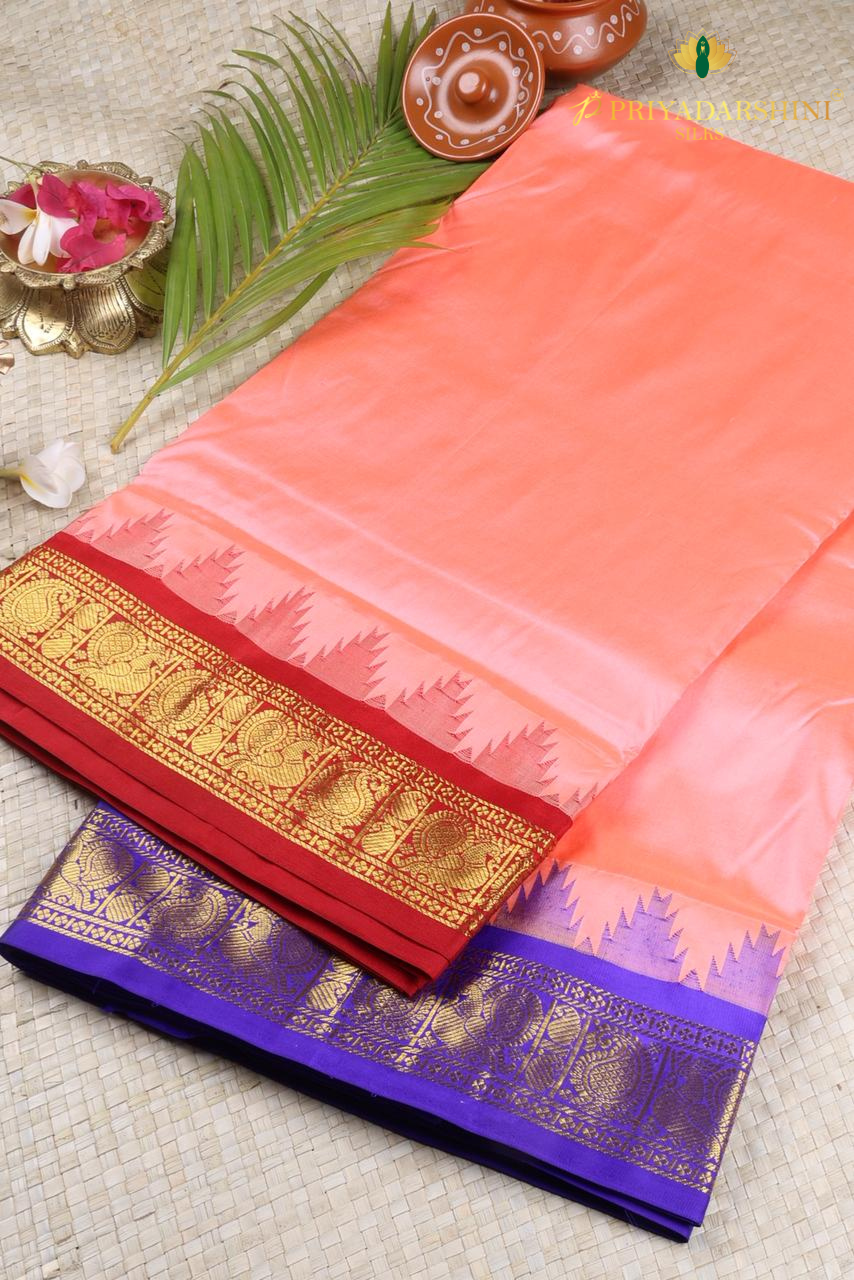 Peach Pure Kanchipuram Silk Saree with Maroon Temple Border | Priyadharshini Silks