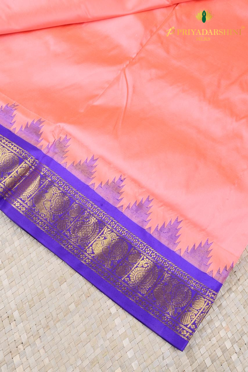 Peach Pure Kanchipuram Silk Saree with Maroon Temple Border | Priyadharshini Silks