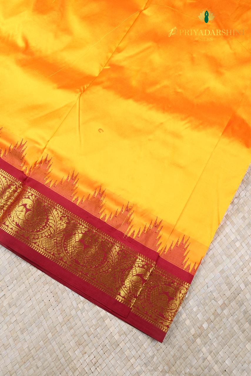 Vibrant Yellow Pure Kanchipuram Silk Saree with Maroon Temple Border | Priyadharshini Silks