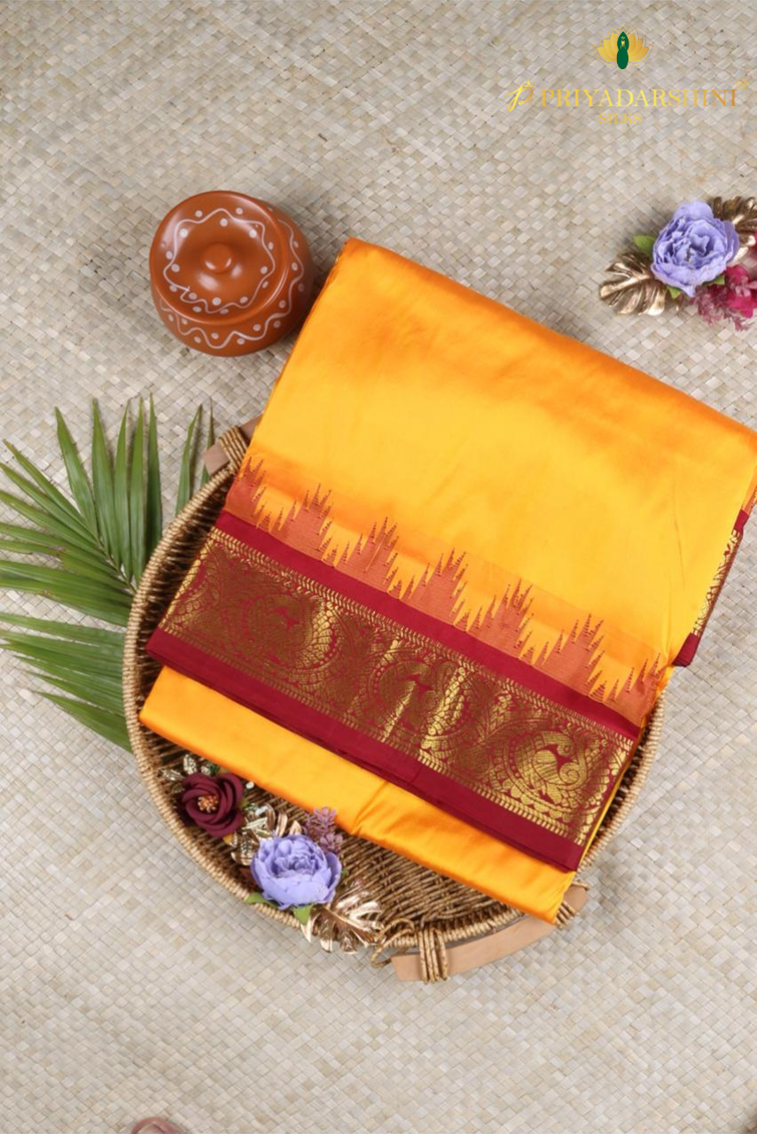 Vibrant Yellow Pure Kanchipuram Silk Saree with Maroon Temple Border | Priyadharshini Silks