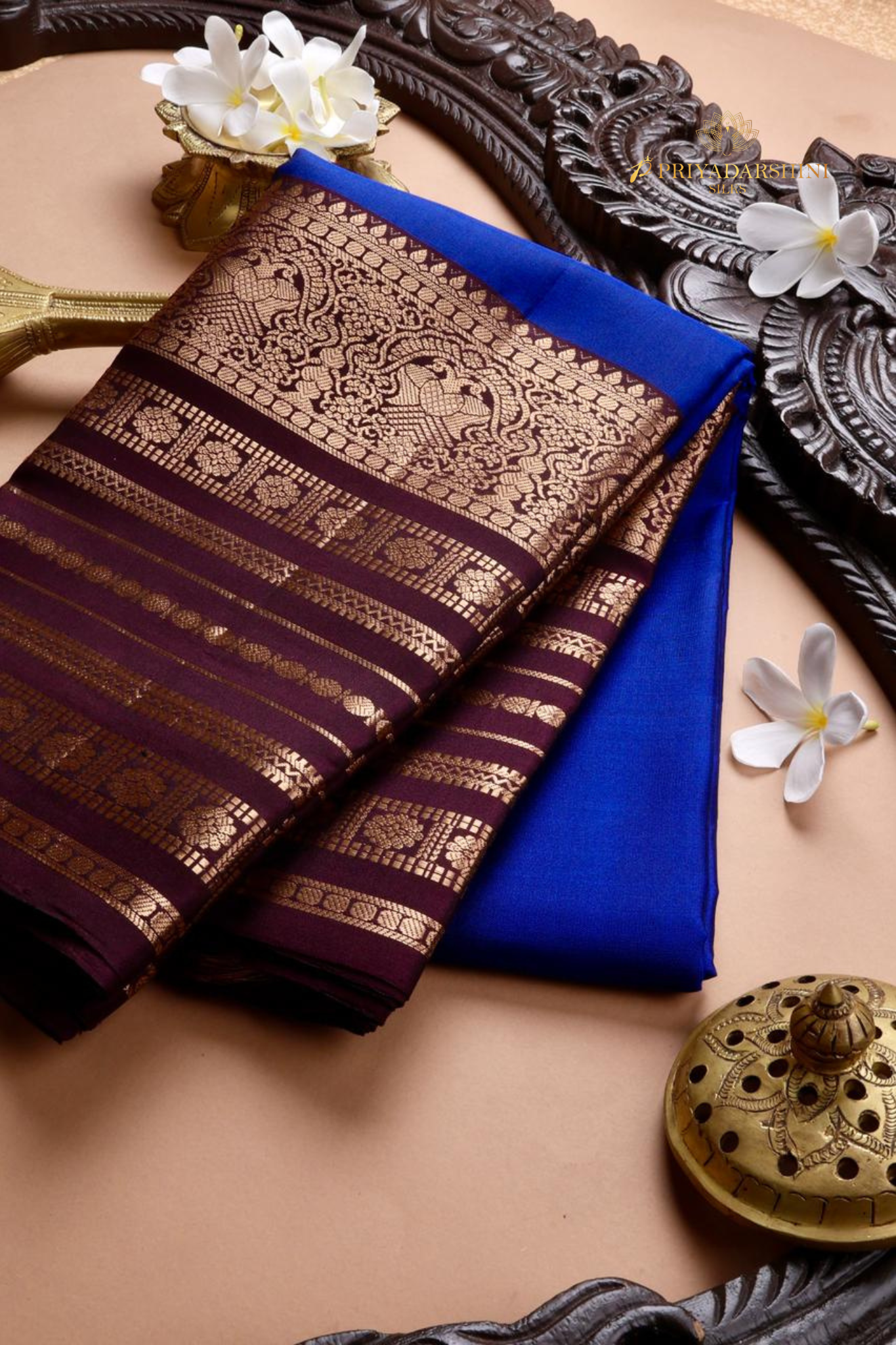 Royal Blue Silk Saree with Maroon Oruthalai Pakshi Border | Priyadharshini Silks