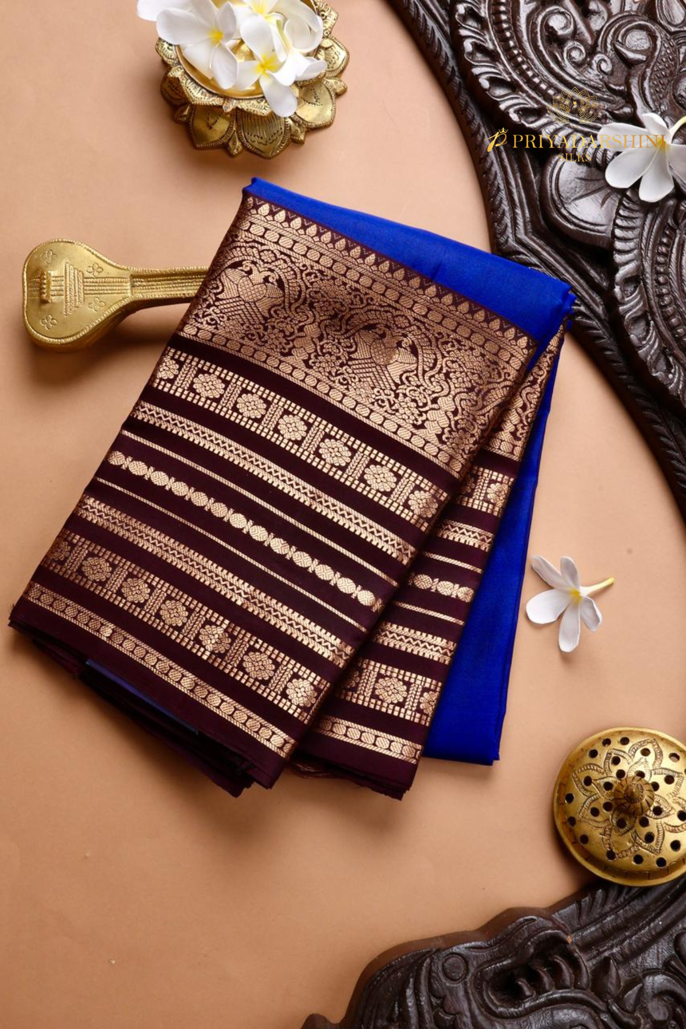 Royal Blue Silk Saree with Maroon Oruthalai Pakshi Border | Priyadharshini Silks