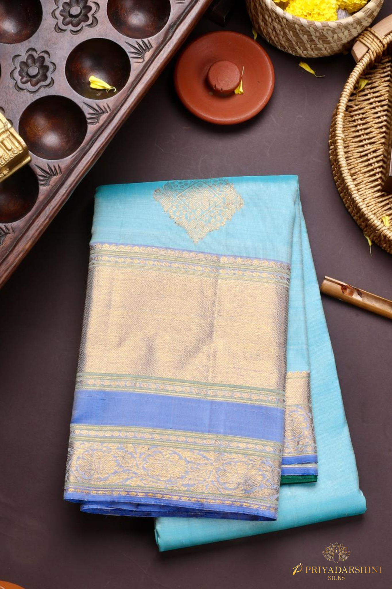 Sky Blue Silk Saree with Retapet Border & Green Pallu | Priyadharshini Silks