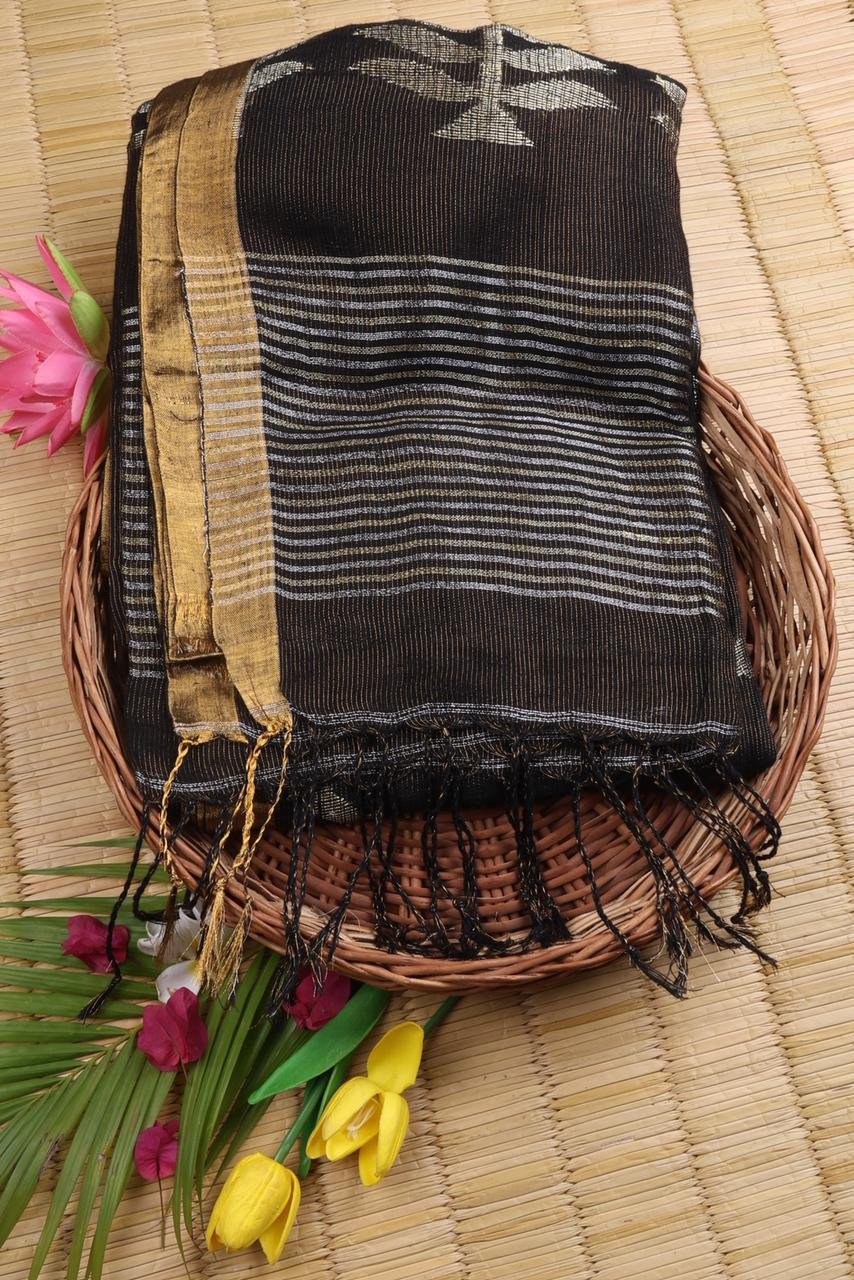 Sophisticated black linen adorned with intricate silver and gold zari motifs