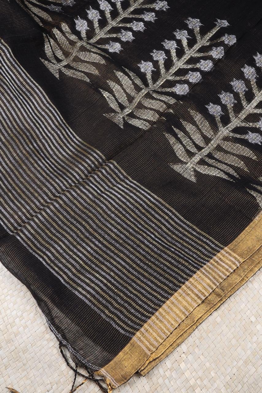 Sophisticated black linen adorned with intricate silver and gold zari motifs