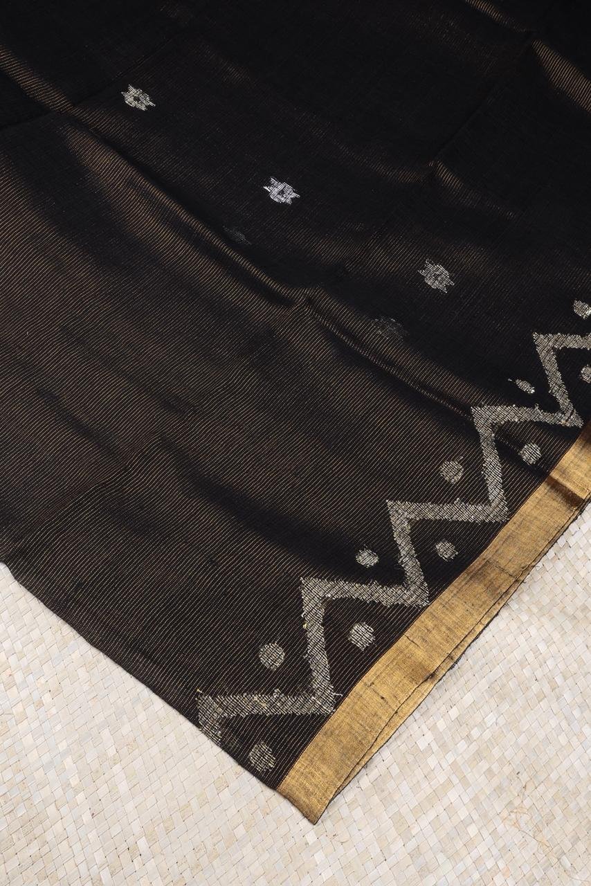 Sophisticated black linen adorned with intricate silver and gold zari motifs