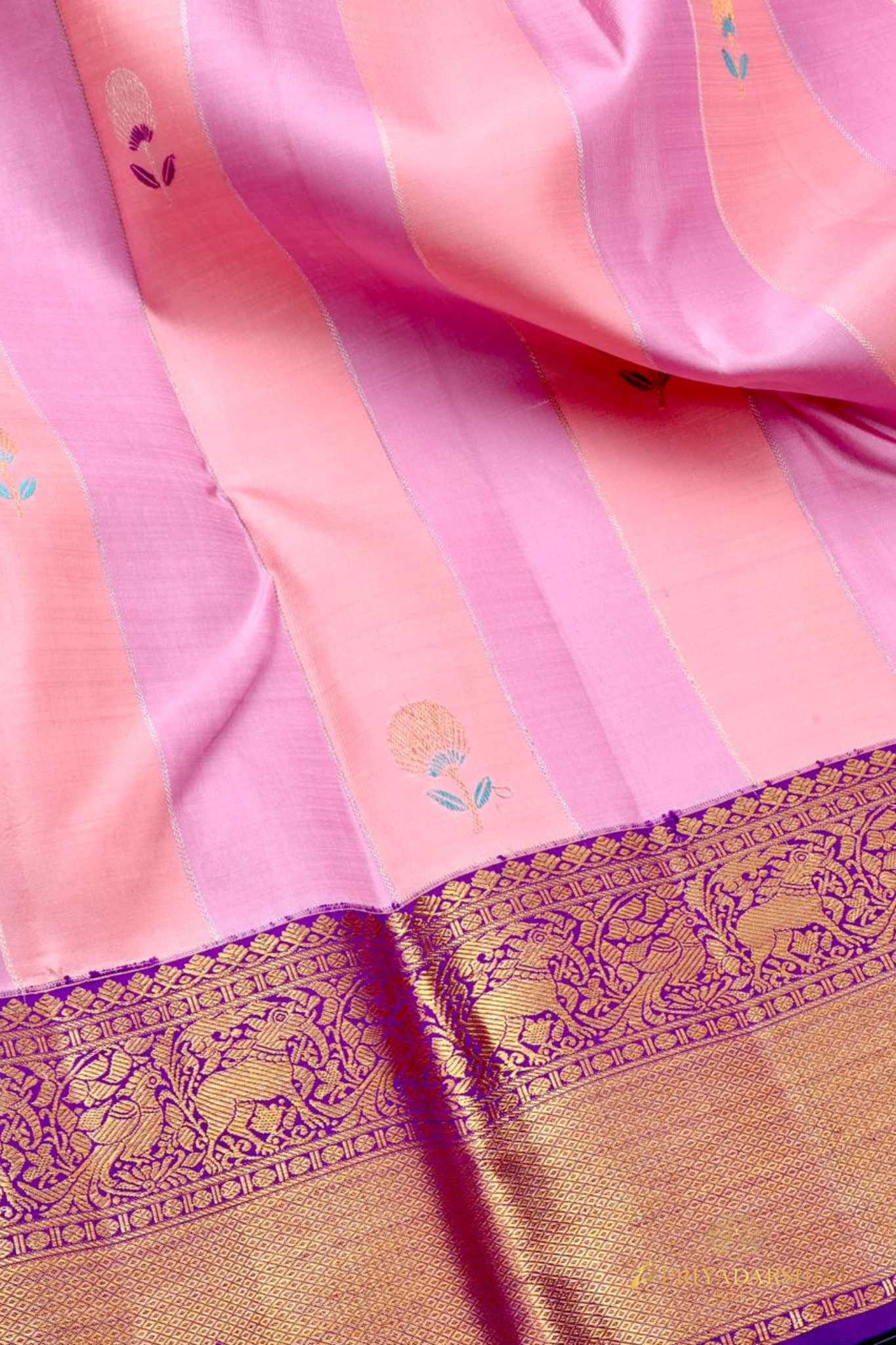 Soft Pink & Peach Striped Saree with Purple Meenakari Border | Priyadharshini Silks