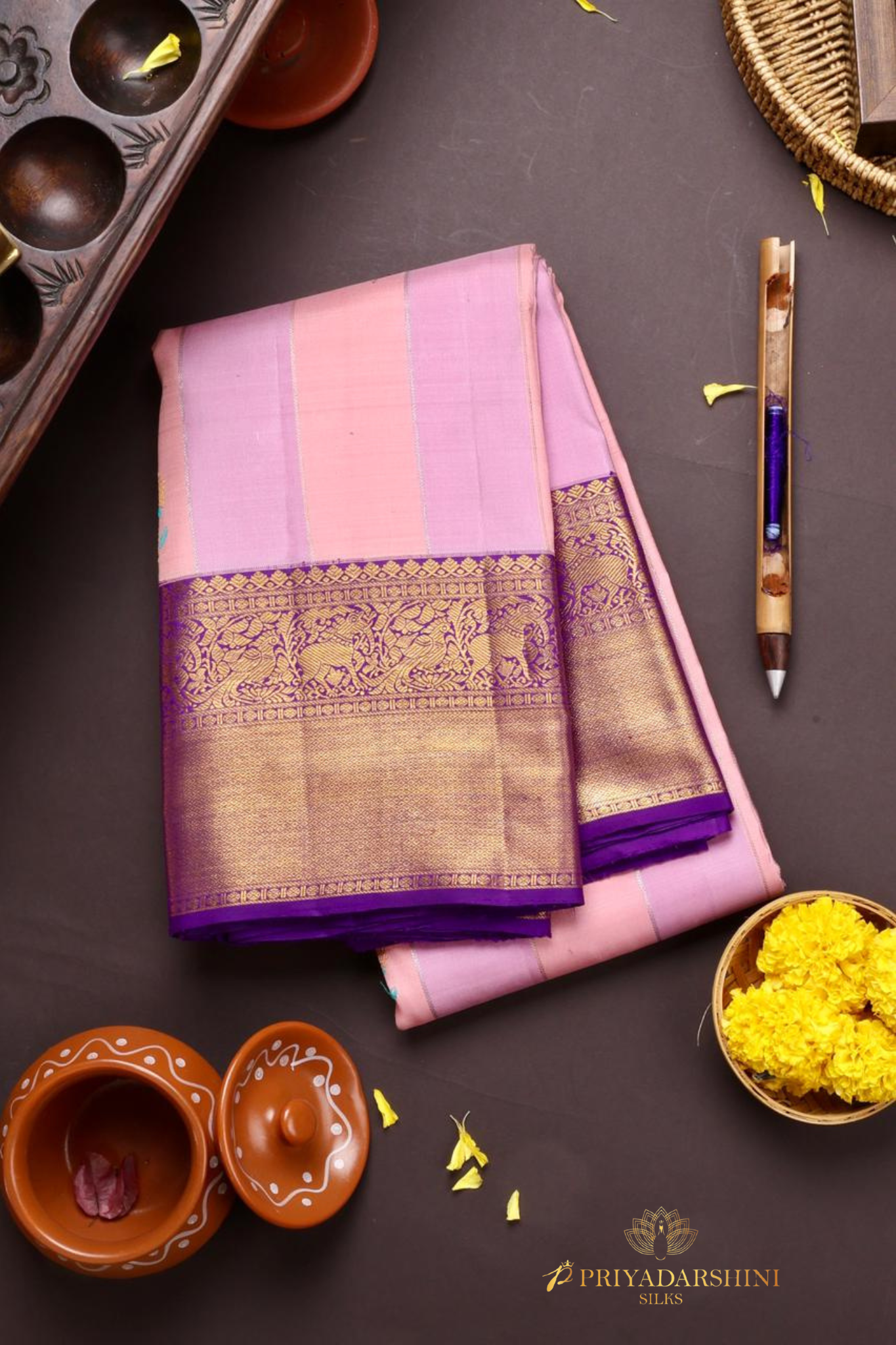 Soft Pink & Peach Striped Saree with Purple Meenakari Border | Priyadharshini Silks