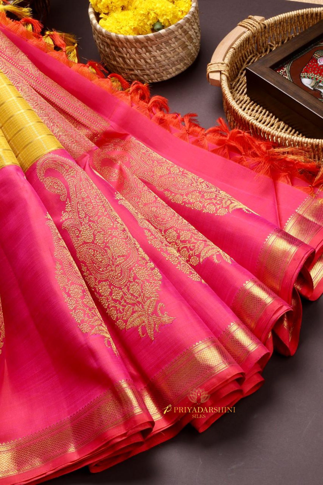 Vibrant Golden Yellow Saree with Vaira-Oosi Checks & Pink Border | Priyadharshini Silks