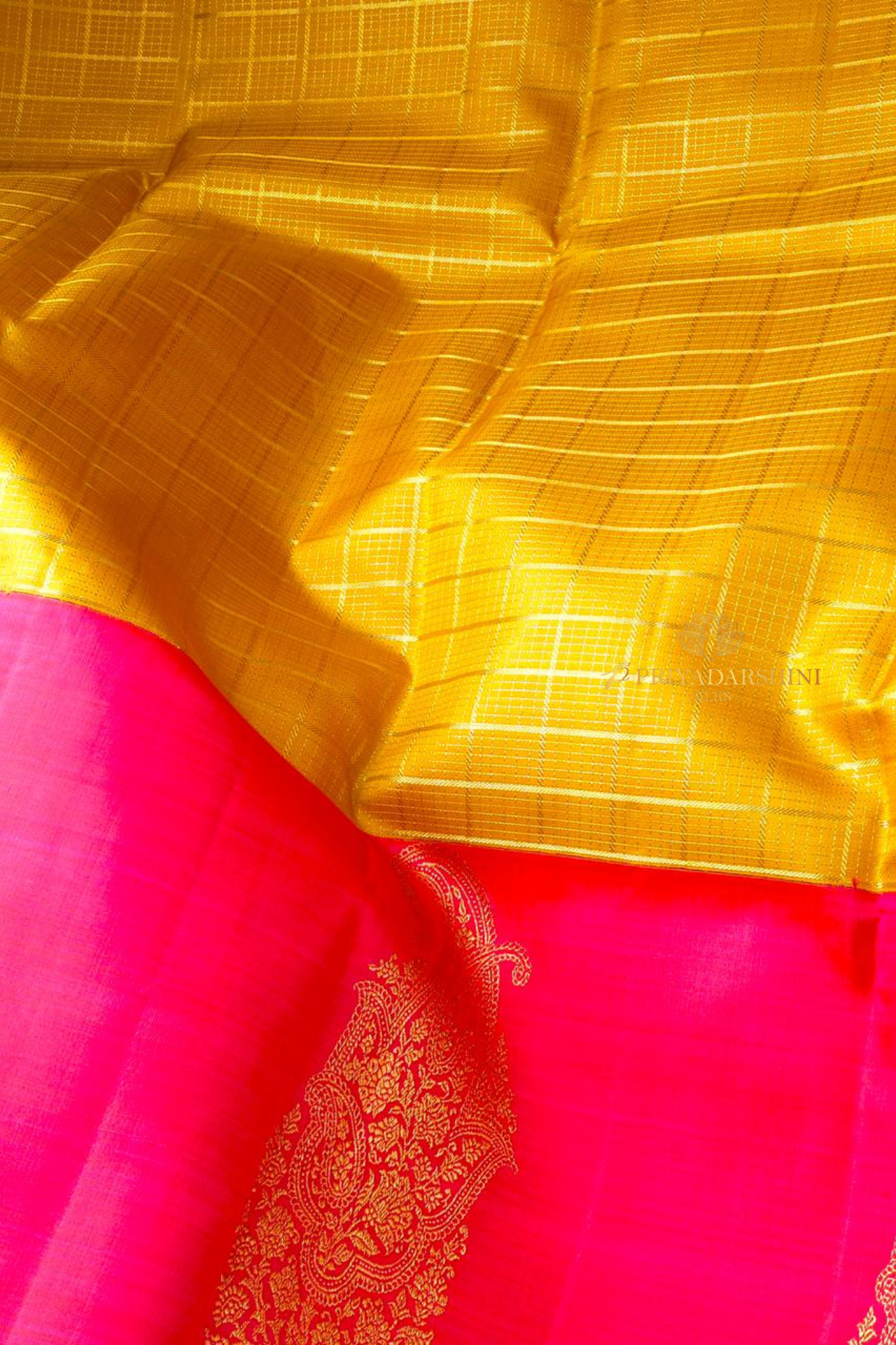 Vibrant Golden Yellow Saree with Vaira-Oosi Checks & Pink Border | Priyadharshini Silks