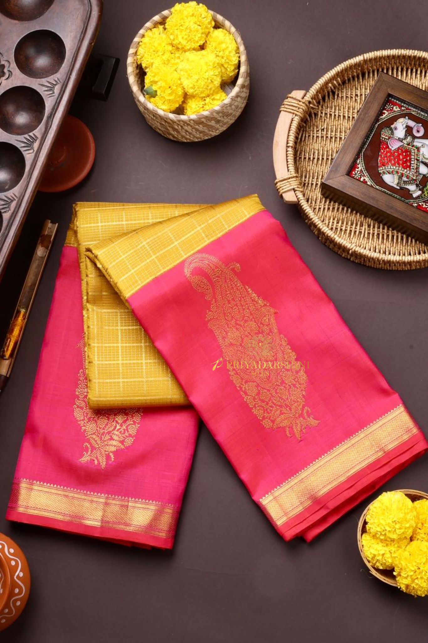 Vibrant Golden Yellow Saree with Vaira-Oosi Checks & Pink Border | Priyadharshini Silks