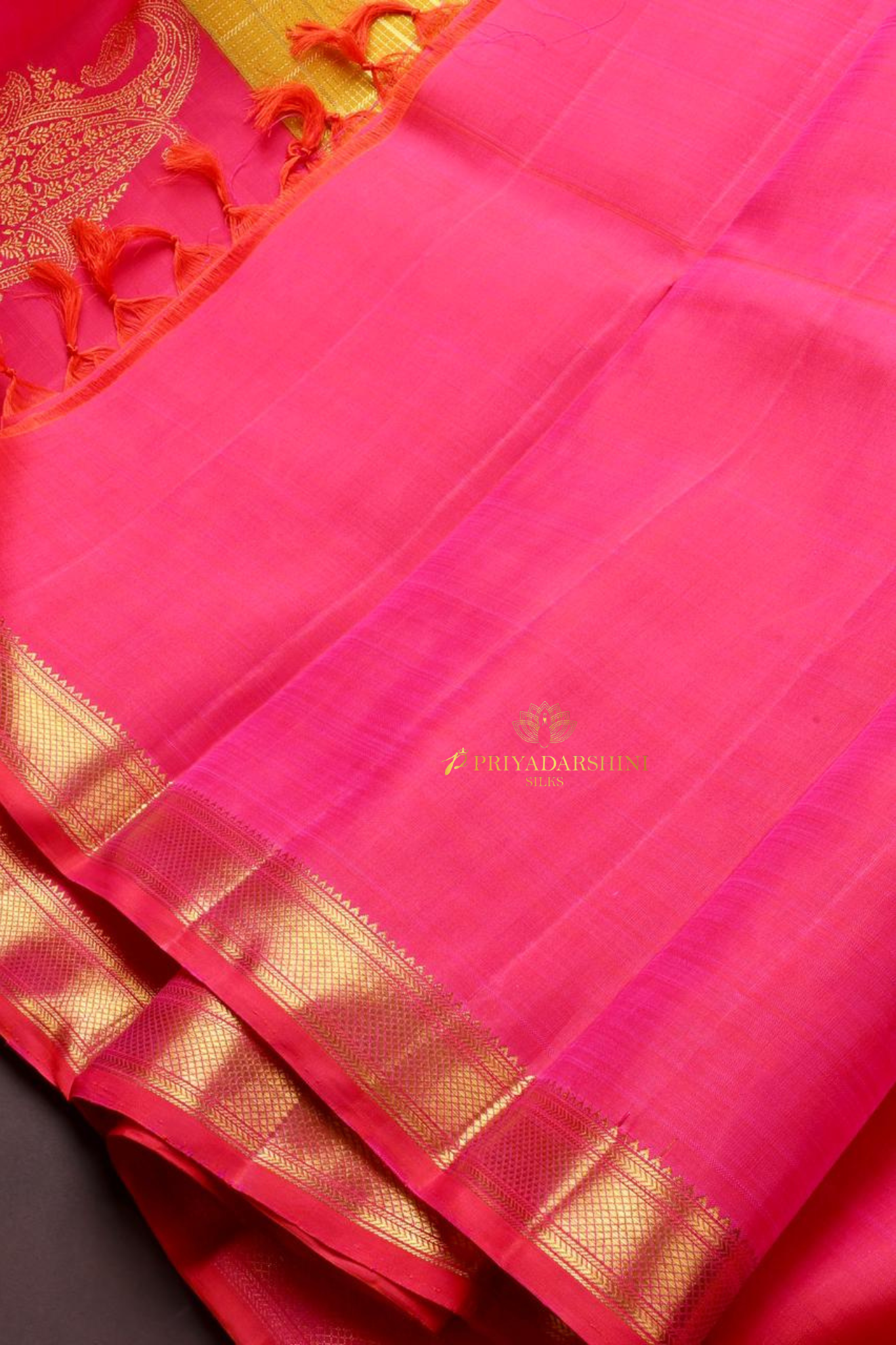 Vibrant Golden Yellow Saree with Vaira-Oosi Checks & Pink Border | Priyadharshini Silks