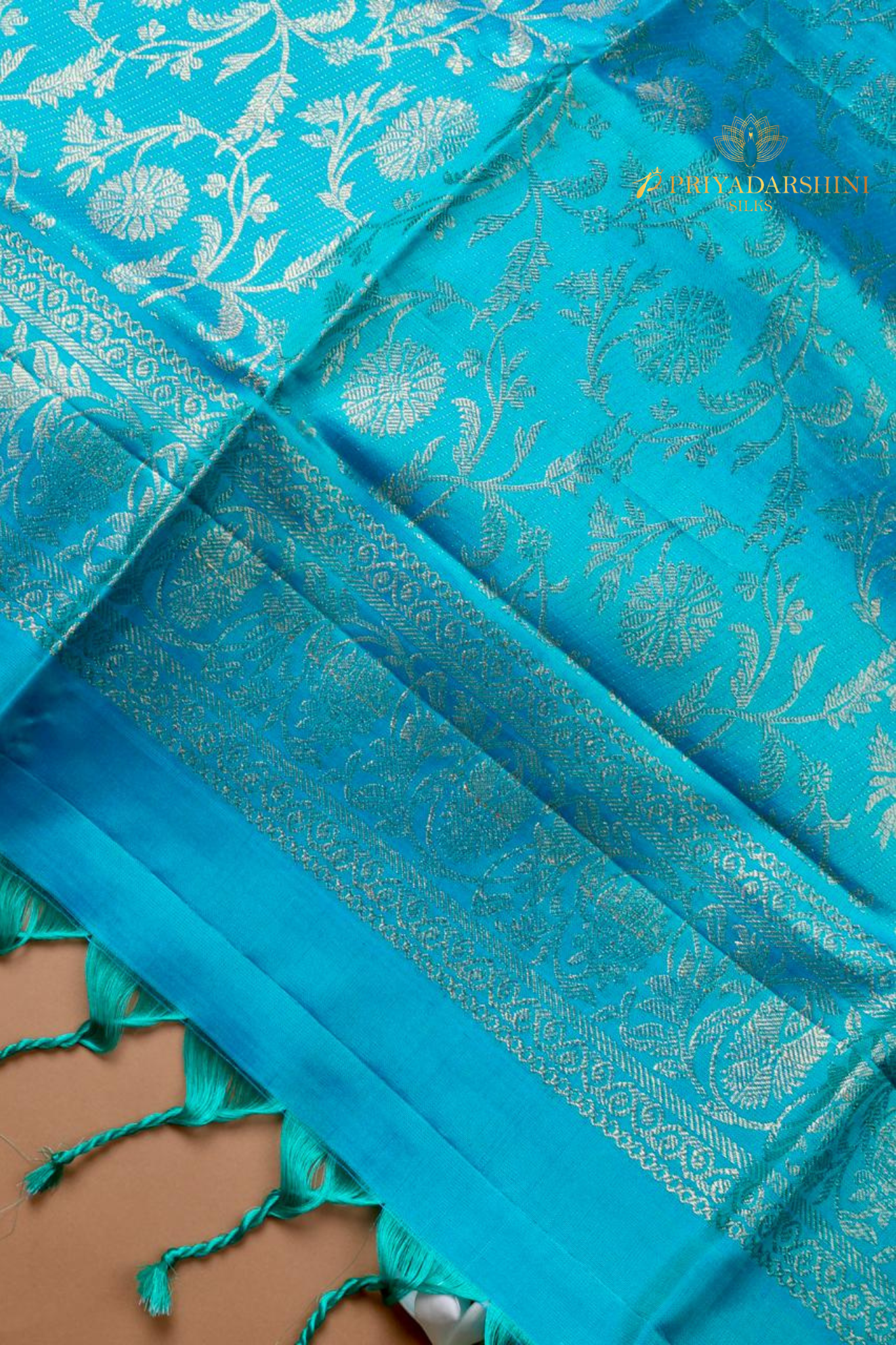 Blue Soft Silk Saree with Silver Floral Jaal & Tonal Border | Priyadharshini Silks