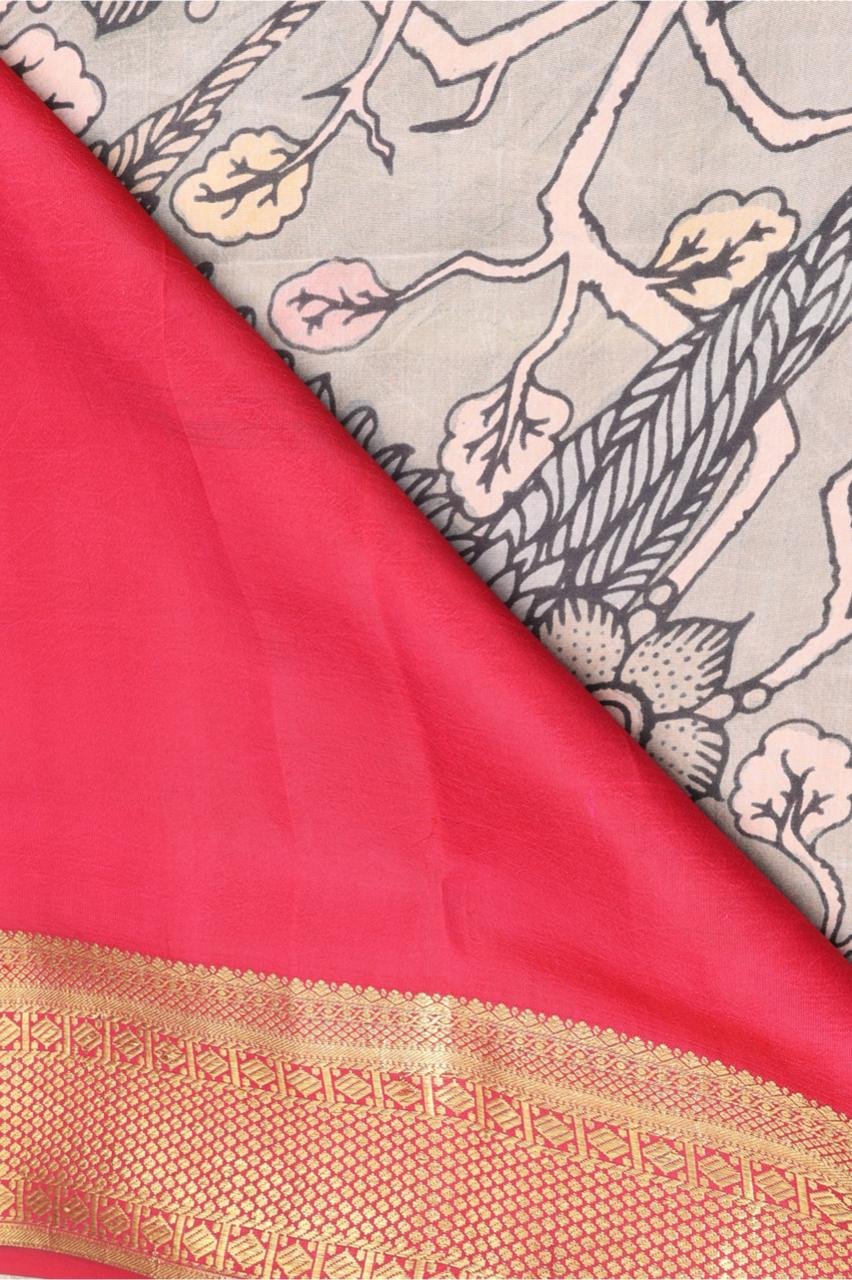 Vibrant leaf green base adorned with traditional hand painted Kalamkari motifs