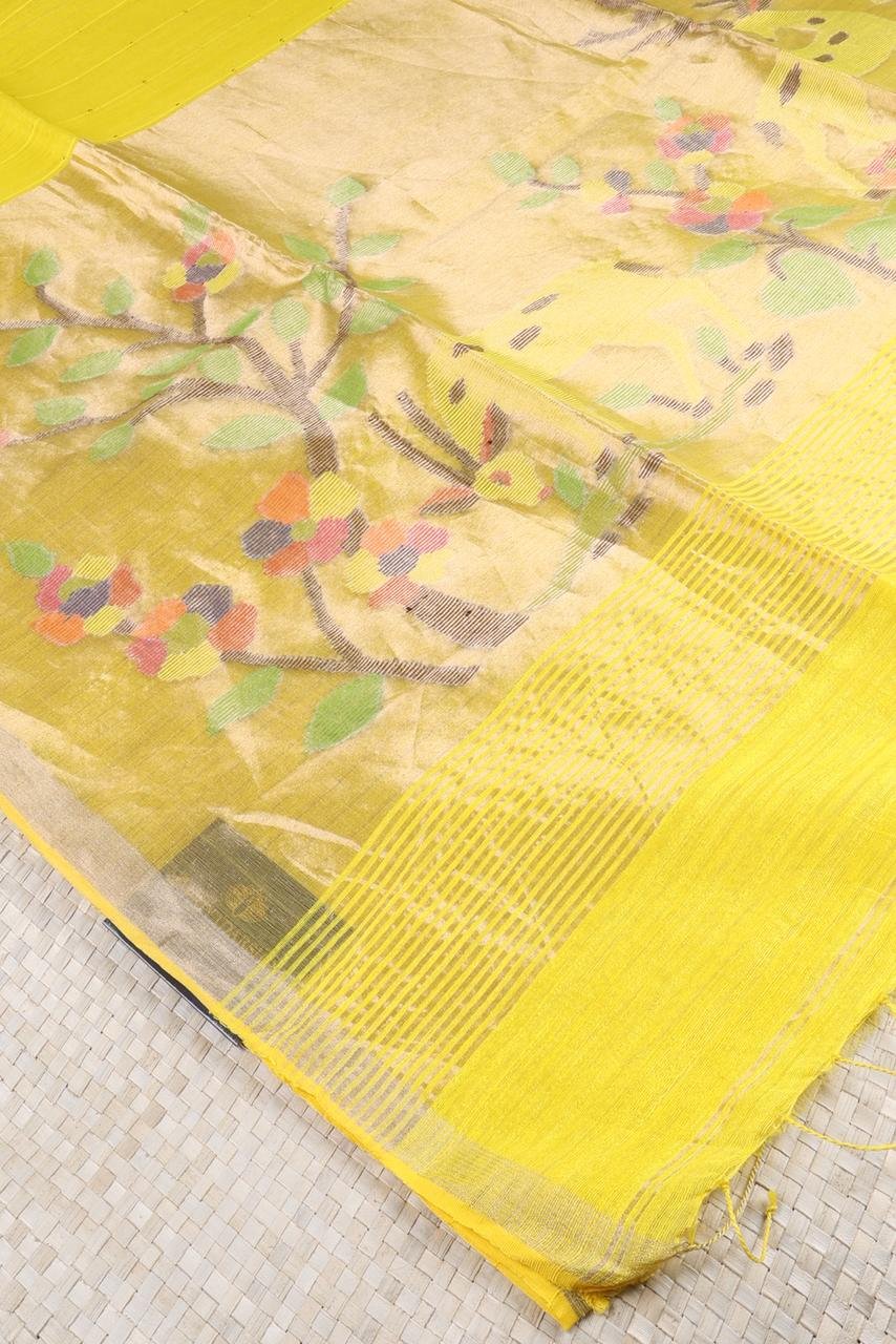 Vibrant lemon yellow Kora silk saree featuring delicate all-over sequence work