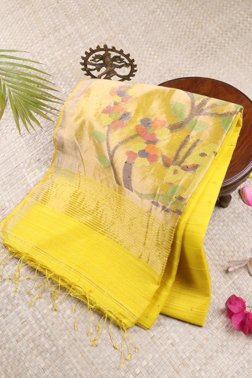 Vibrant lemon yellow Kora silk saree featuring delicate all-over sequence work