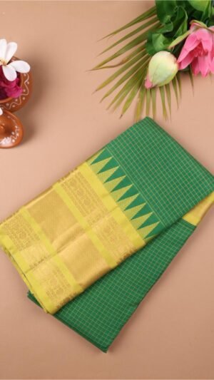 Pure Gadwal Handloom Saree – Bottle Green with Lemon Yellow Korvai Border | Priyadharshini Silks