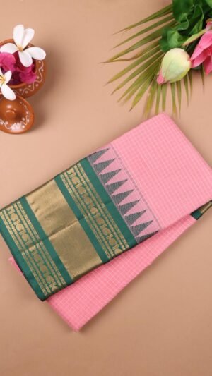 Pure Gadwal Handloom Saree – Baby Pink with Bottle Green Korvai Border | Priyadharshini Silks