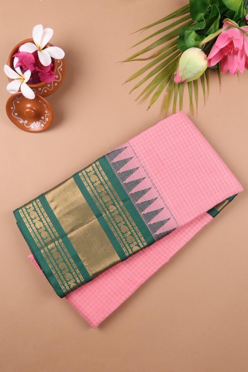 Pure Gadwal Handloom Saree – Baby Pink with Bottle Green Korvai Border | Priyadharshini Silks