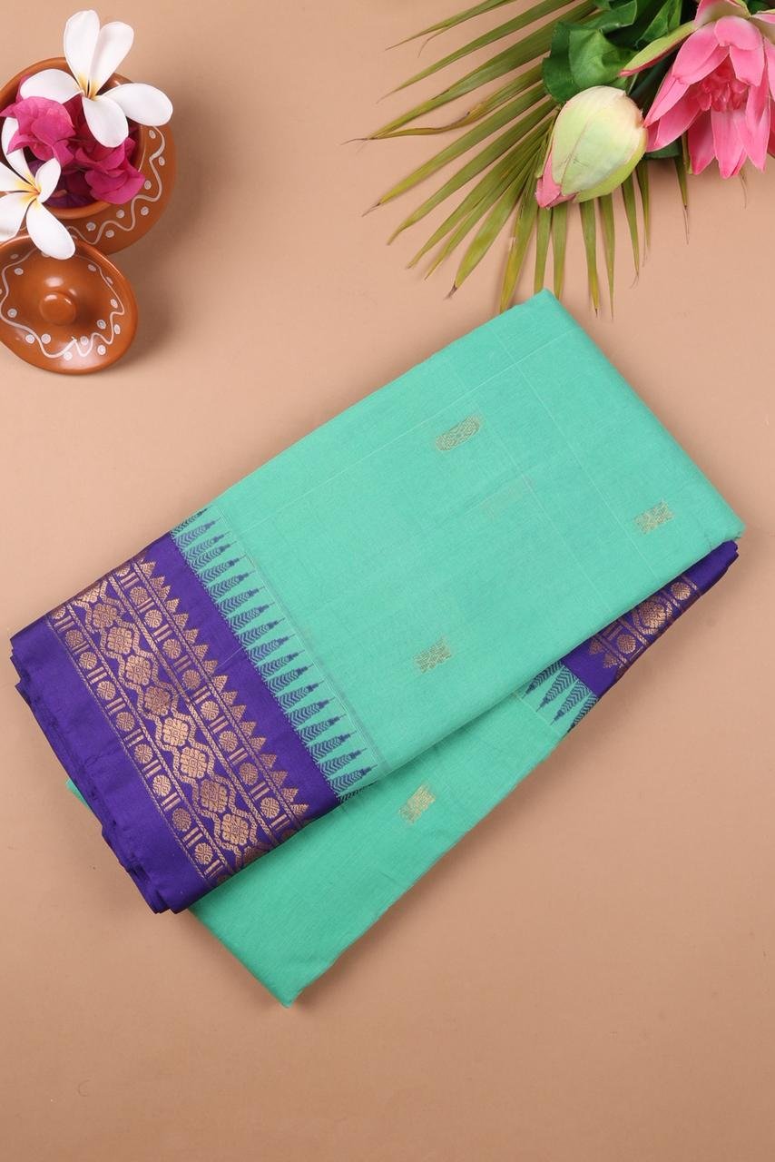 Pure Gadwal Handloom Saree – Aqua Green with Purple Korvai Border | Priyadharshini Silks