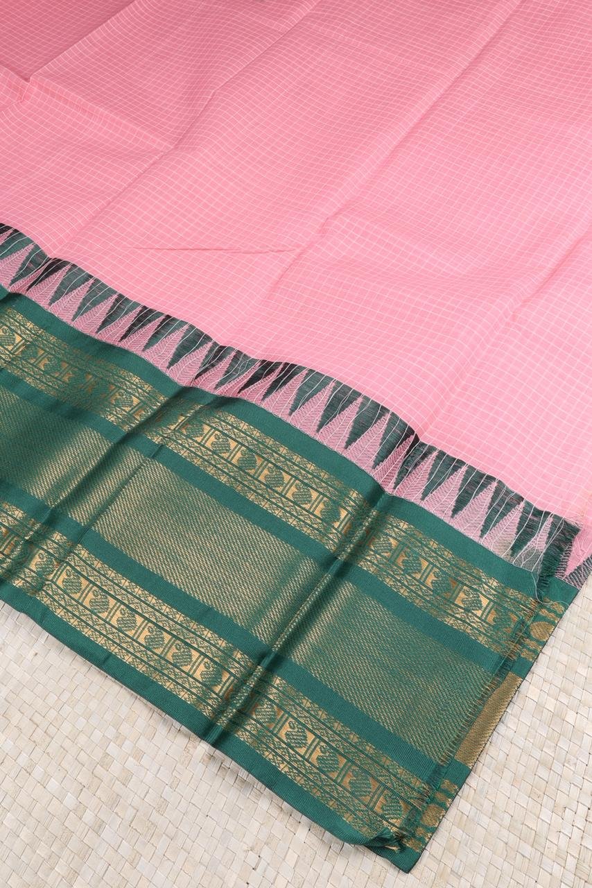 Pure Gadwal Handloom Saree – Baby Pink with Bottle Green Korvai Border | Priyadharshini Silks