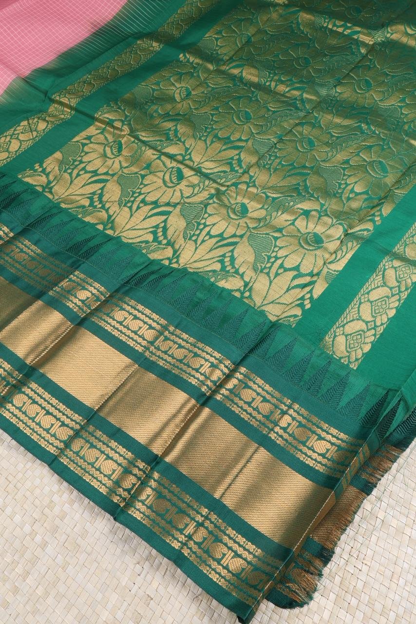 Pure Gadwal Handloom Saree – Baby Pink with Bottle Green Korvai Border | Priyadharshini Silks