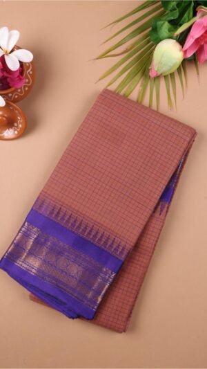 Pure Gadwal Handloom Saree – Rust Brown & Royal Blue with Cotton-Silk Korvai Border | Priyadharshini Silks