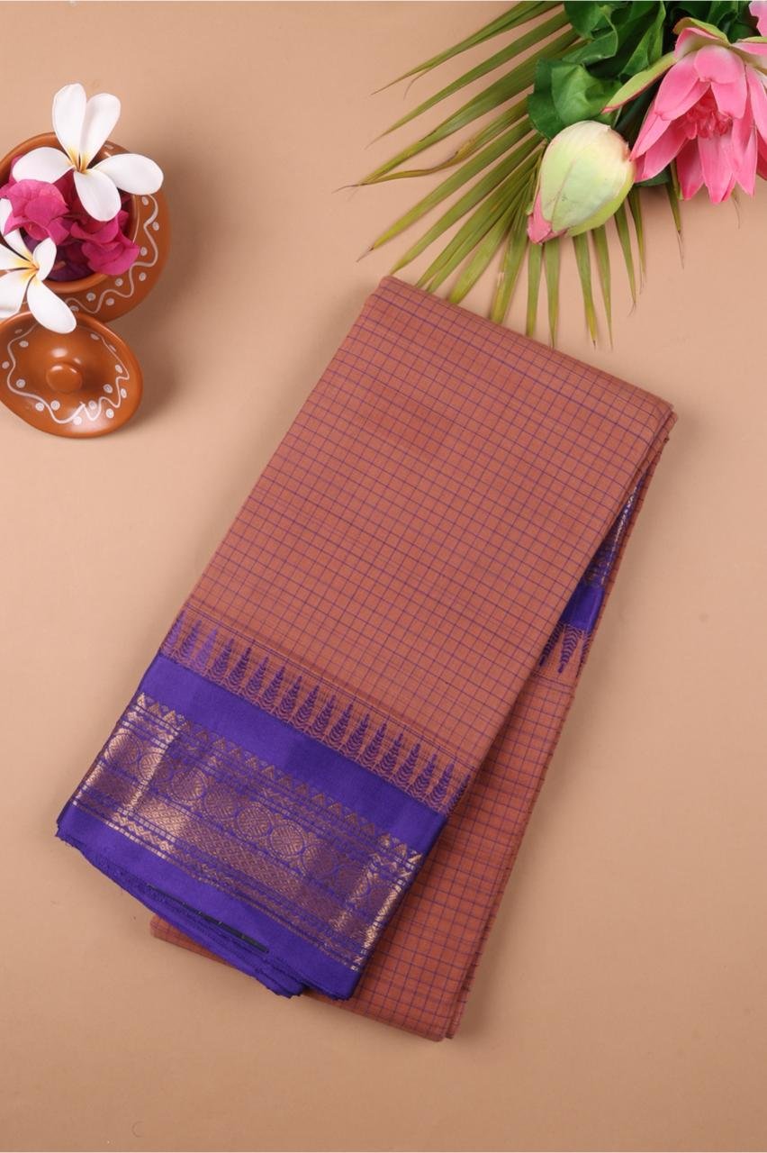 Pure Gadwal Handloom Saree – Rust Brown & Royal Blue with Cotton-Silk Korvai Border | Priyadharshini Silks