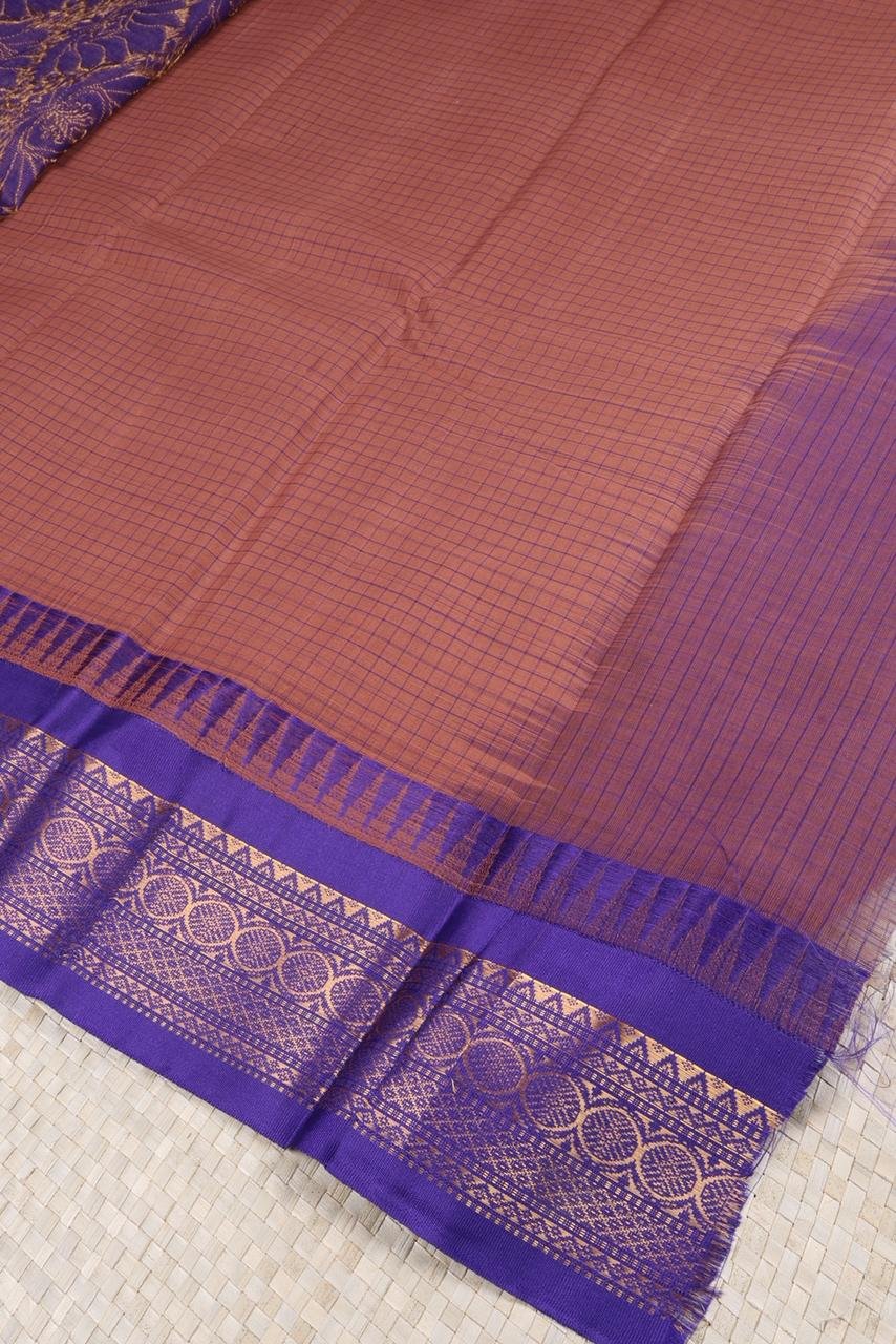 Pure Gadwal Handloom Saree – Rust Brown & Royal Blue with Cotton-Silk Korvai Border | Priyadharshini Silks