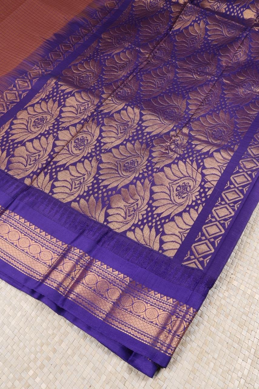 Pure Gadwal Handloom Saree – Rust Brown & Royal Blue with Cotton-Silk Korvai Border | Priyadharshini Silks
