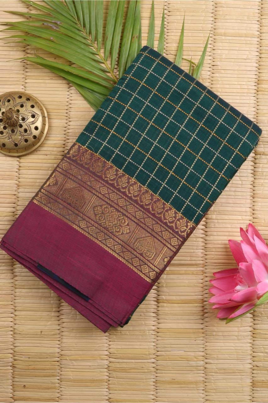 Green Chettinad Cotton Saree with Checks & Pink Border | Priyadharshini Silks