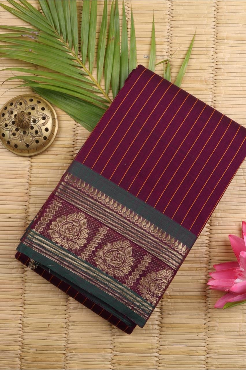 Deep Maroon Chettinad Cotton Saree with Green Border & Veldhari Stripes | Priyadharshini Silks