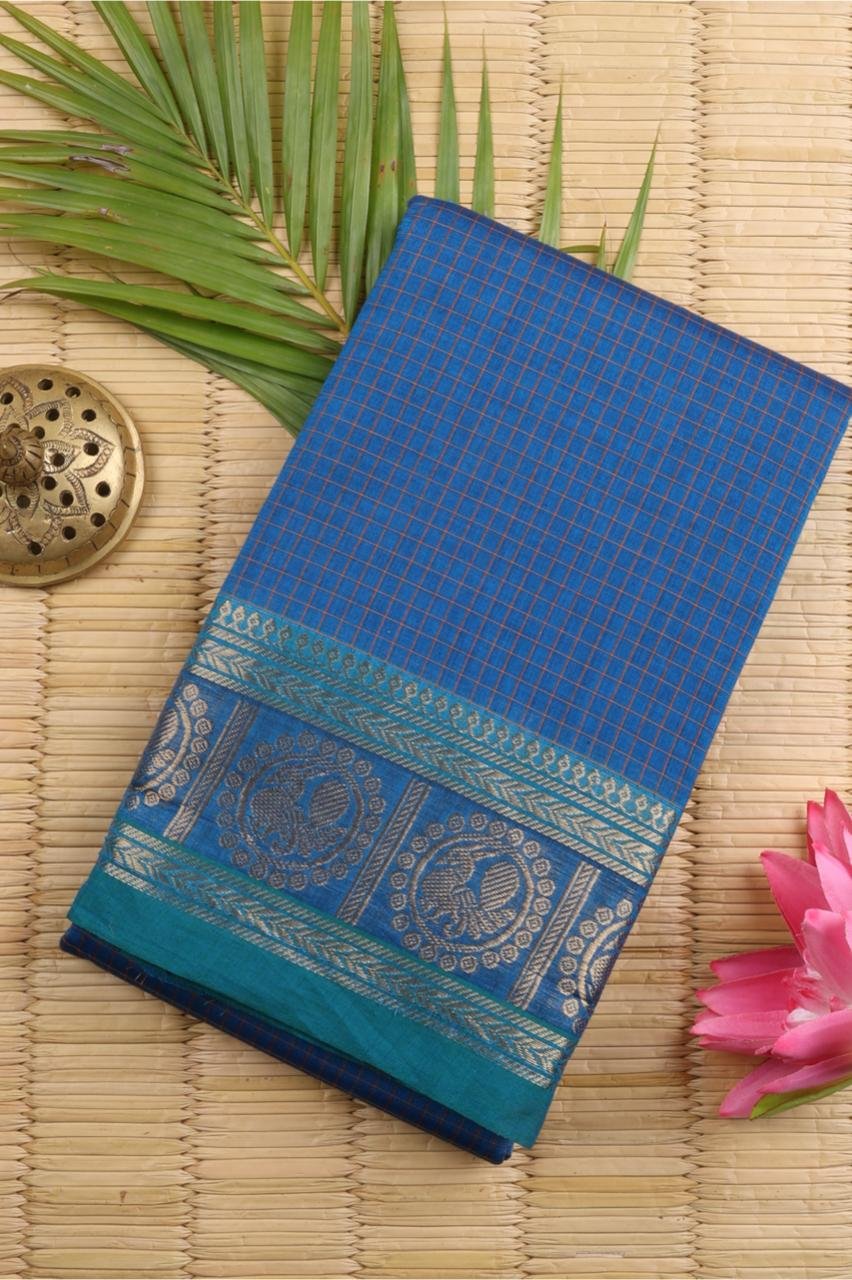Peacock Blue Chettinad Cotton Saree with Green Micro-Checks | Priyadharshini Silks