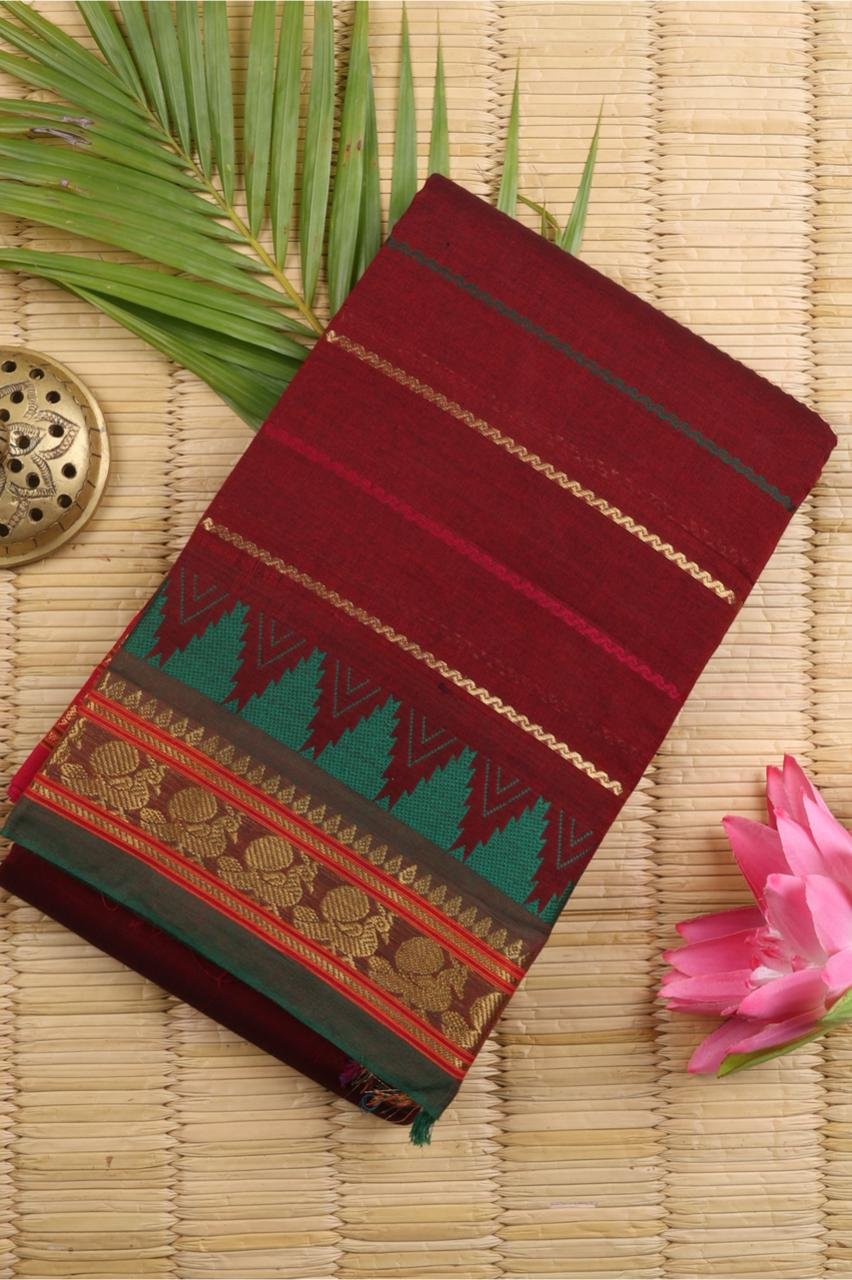 Deep Maroon Chettinadu Saree with Emerald Green Temple Border & Annapakshi Zari | Priyadharshini Silks