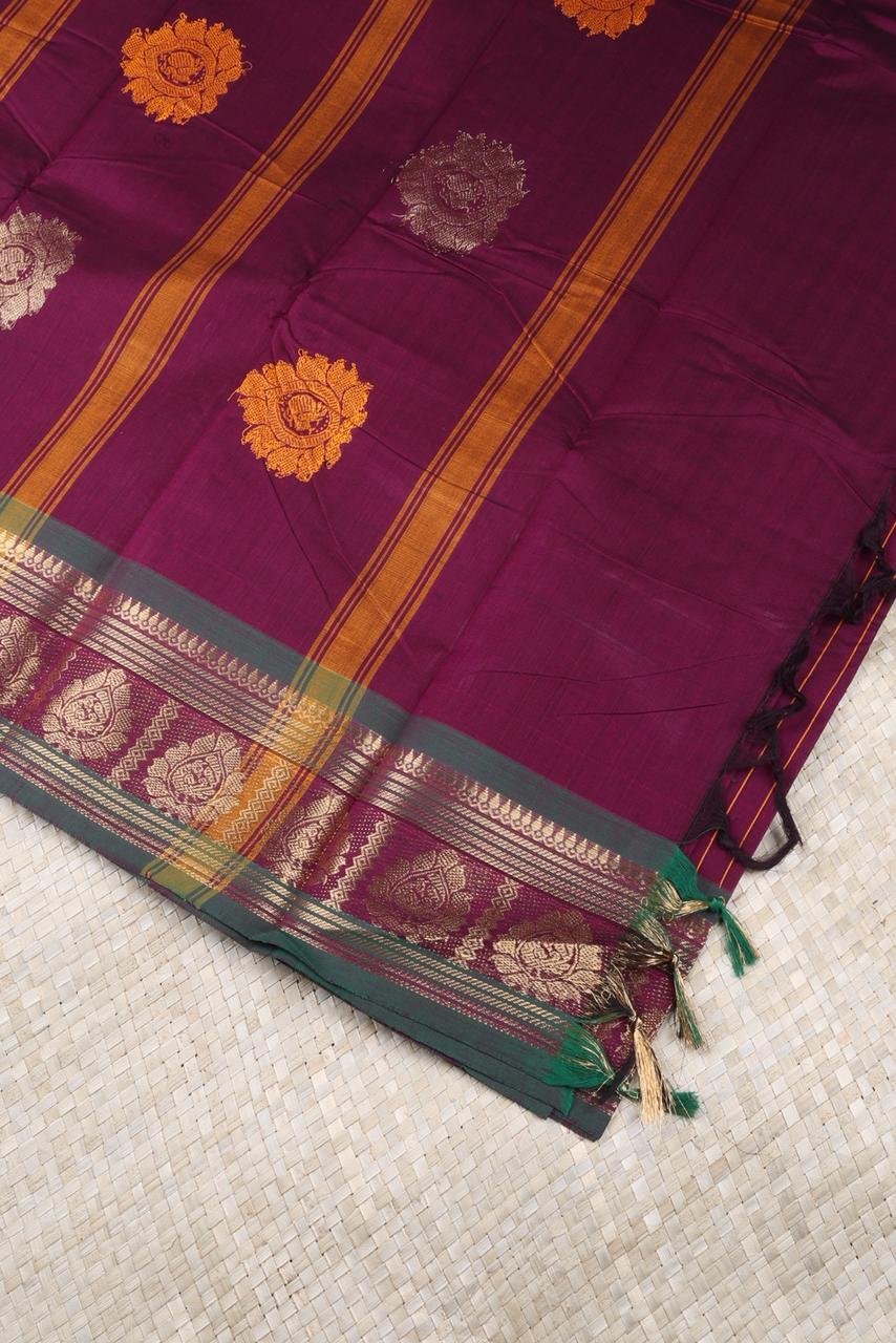 Deep Maroon Chettinad Cotton Saree with Green Border & Veldhari Stripes | Priyadharshini Silks