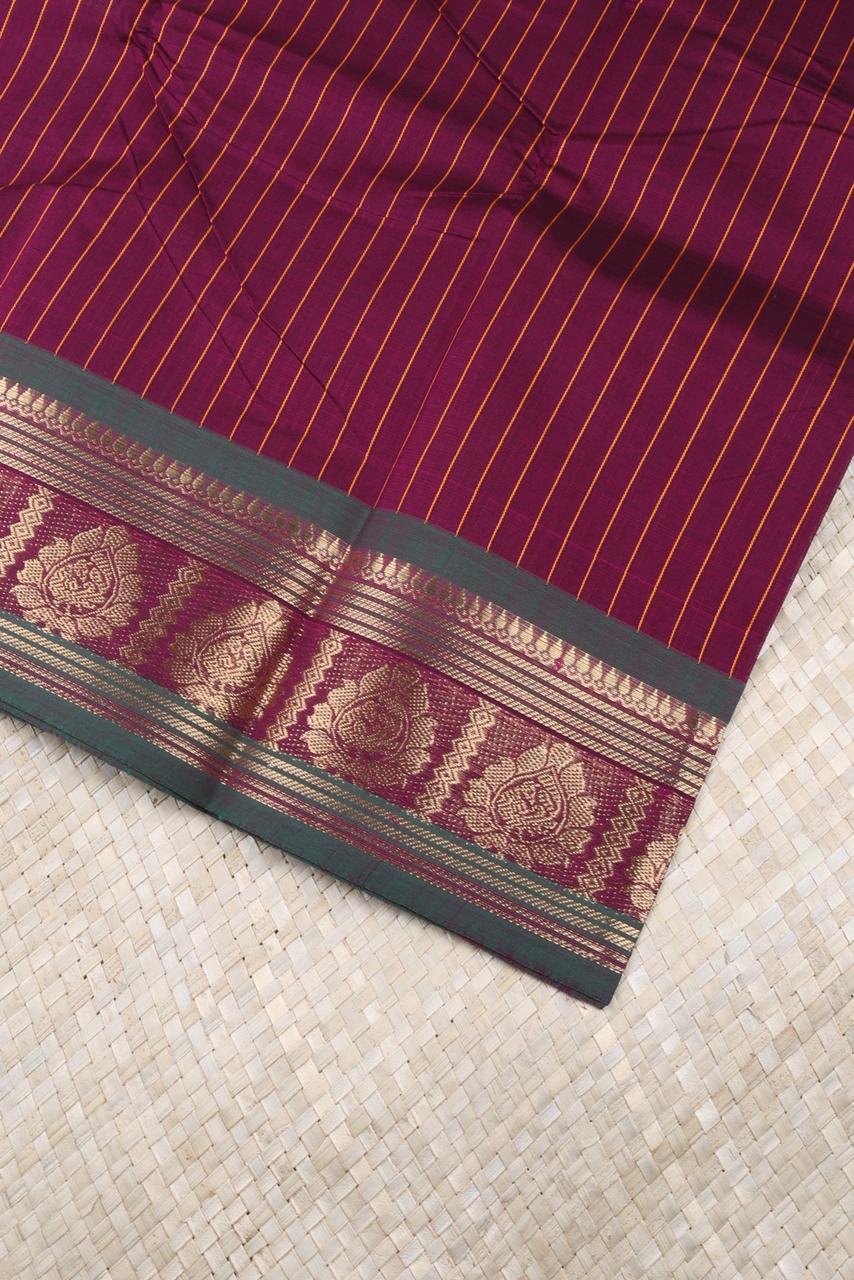 Deep Maroon Chettinad Cotton Saree with Green Border & Veldhari Stripes | Priyadharshini Silks