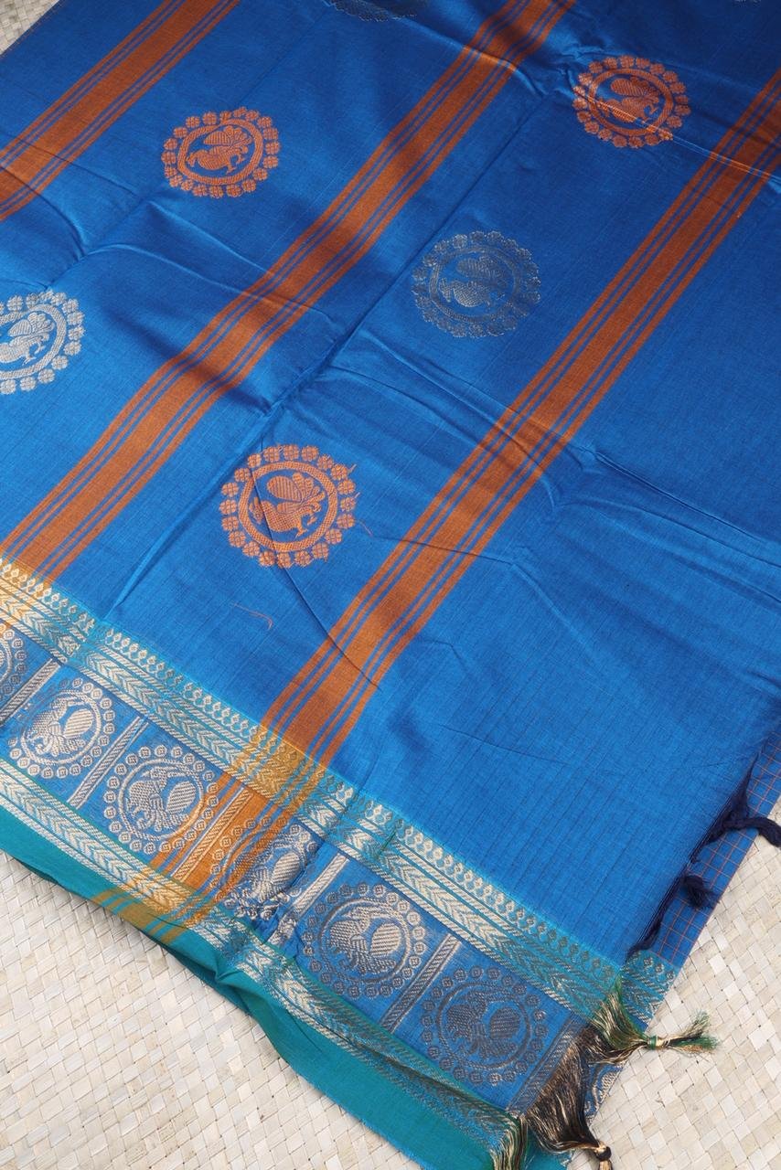 Peacock Blue Chettinad Cotton Saree with Green Micro-Checks | Priyadharshini Silks