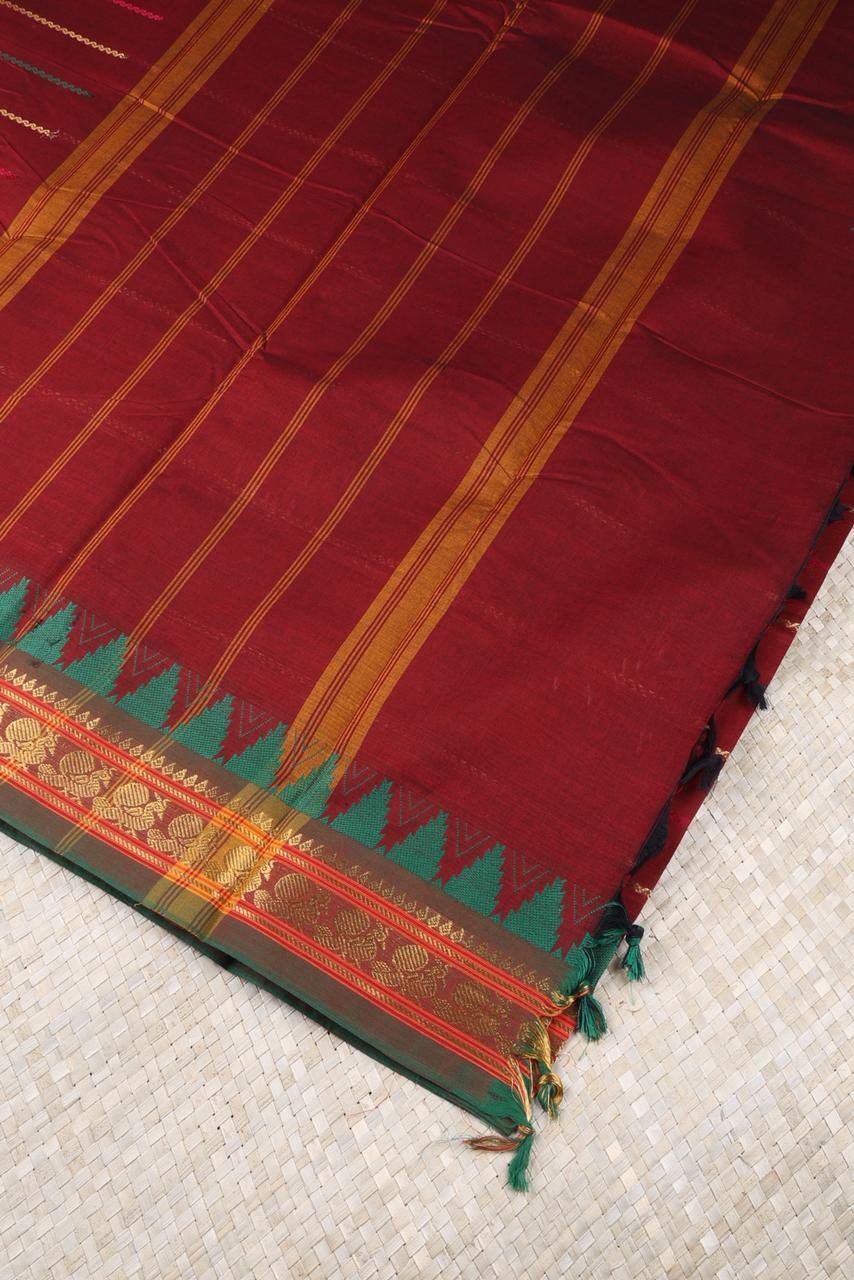 Deep Maroon Chettinadu Saree with Emerald Green Temple Border & Annapakshi Zari | Priyadharshini Silks