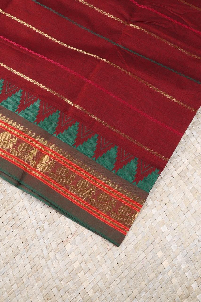 Deep Maroon Chettinadu Saree with Emerald Green Temple Border & Annapakshi Zari | Priyadharshini Silks