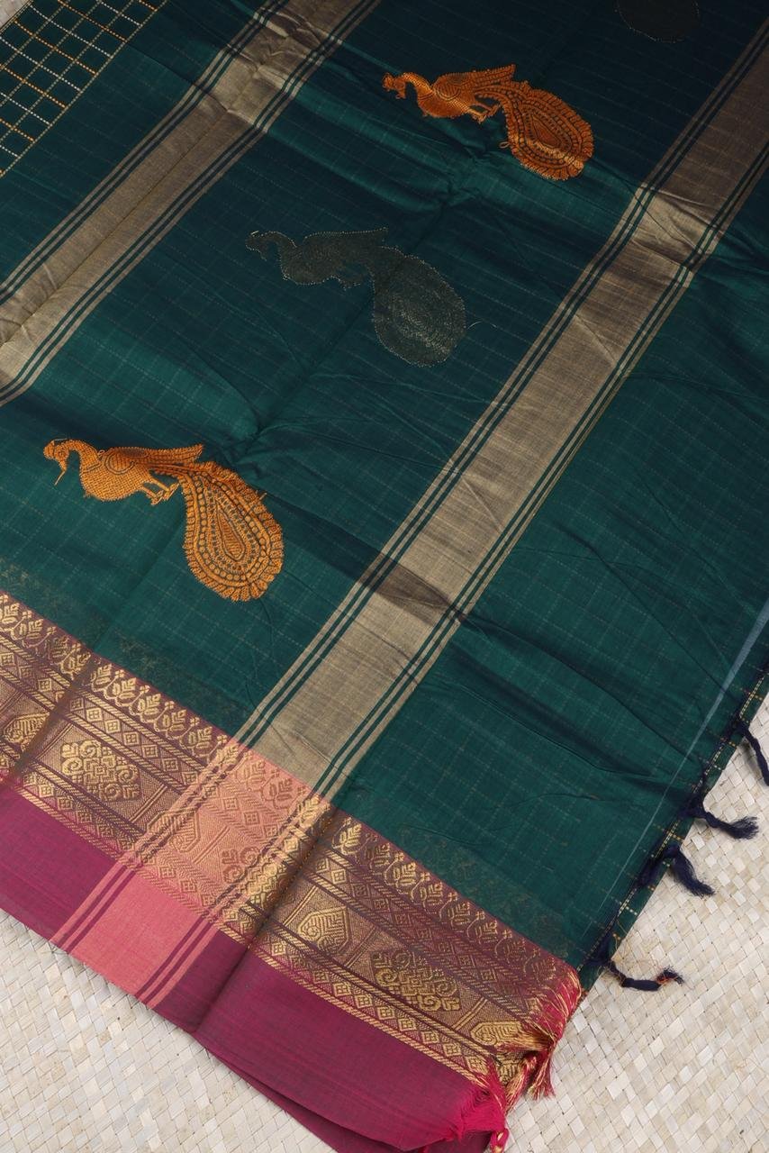 Green Chettinad Cotton Saree with Checks & Pink Border | Priyadharshini Silks