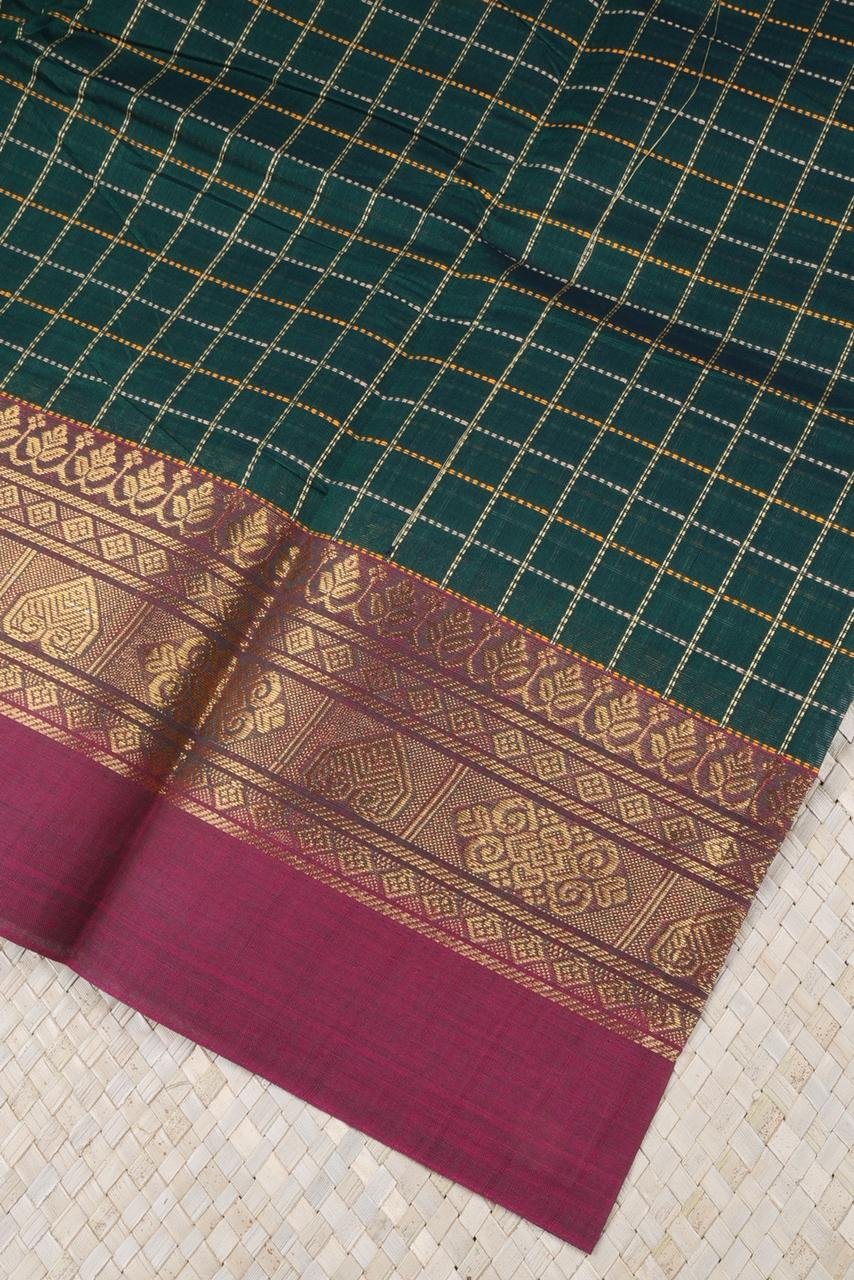 Green Chettinad Cotton Saree with Checks & Pink Border | Priyadharshini Silks