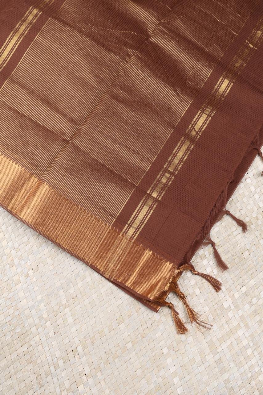 Coffee Brown Mangalagiri Cotton Saree with Classic Bhavanji Zari Border | Handloom Saree